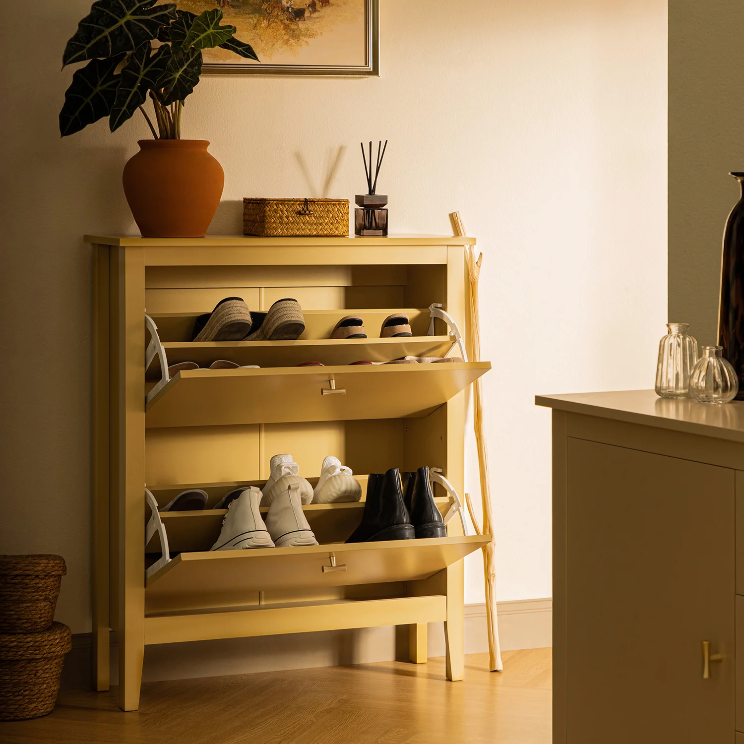 Oakham 2-Tier Shoe Cabinet, Rattan Yellow - Image 3