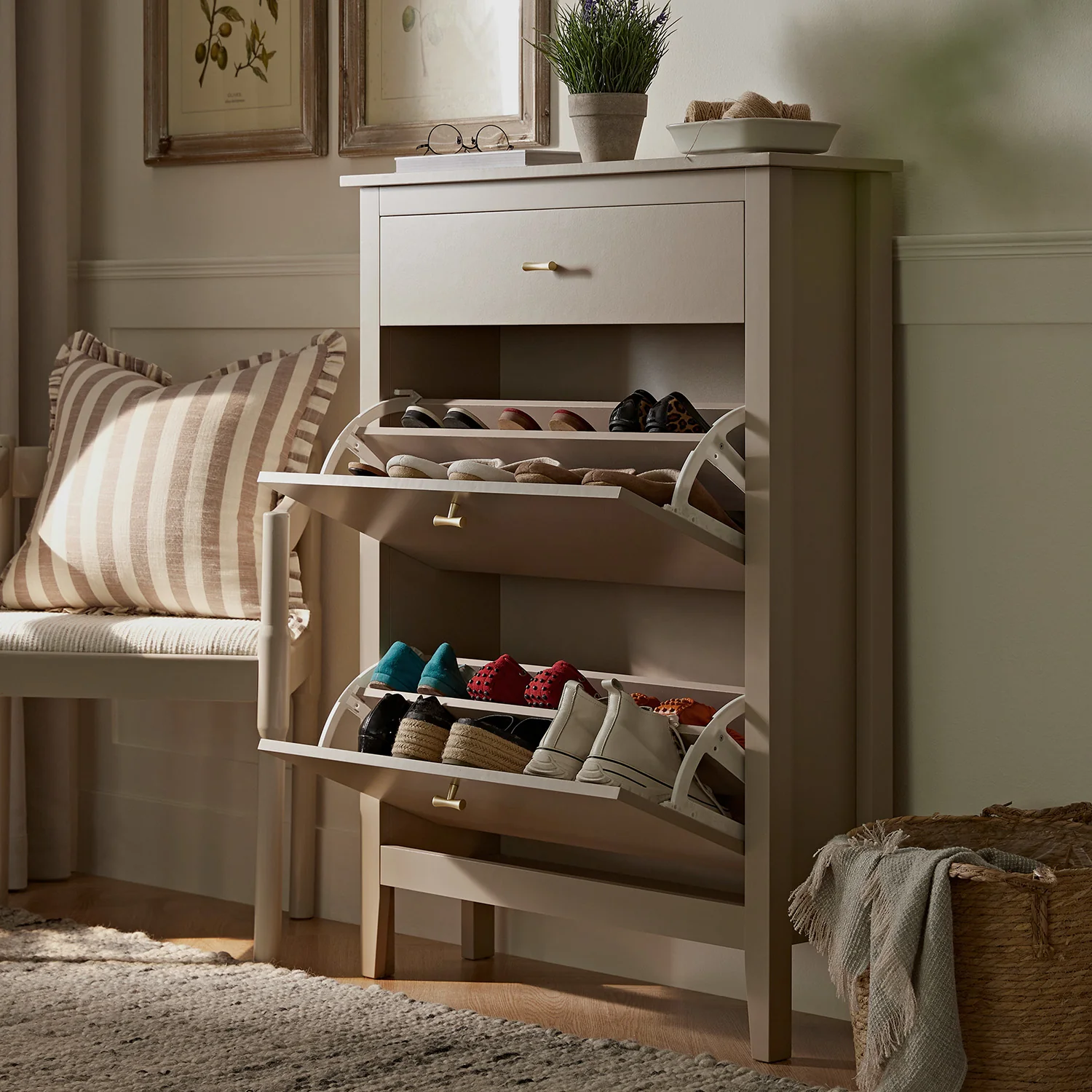 Oakham 2-Tier Shoe Cabinet with Top Drawer, Deep Greige - Image 3