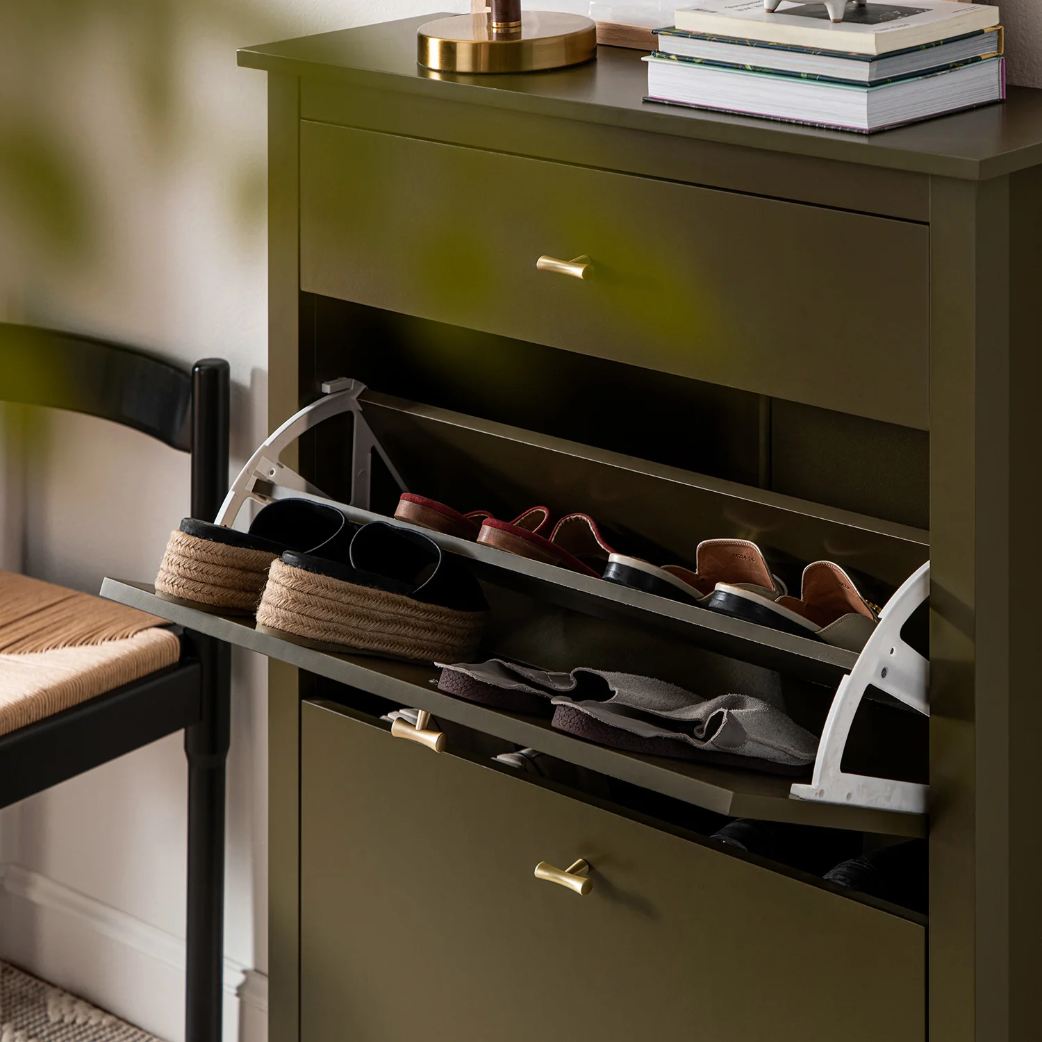 Oakham 2-Tier Shoe Cabinet with Top Drawer, Olive Grove - Image 4