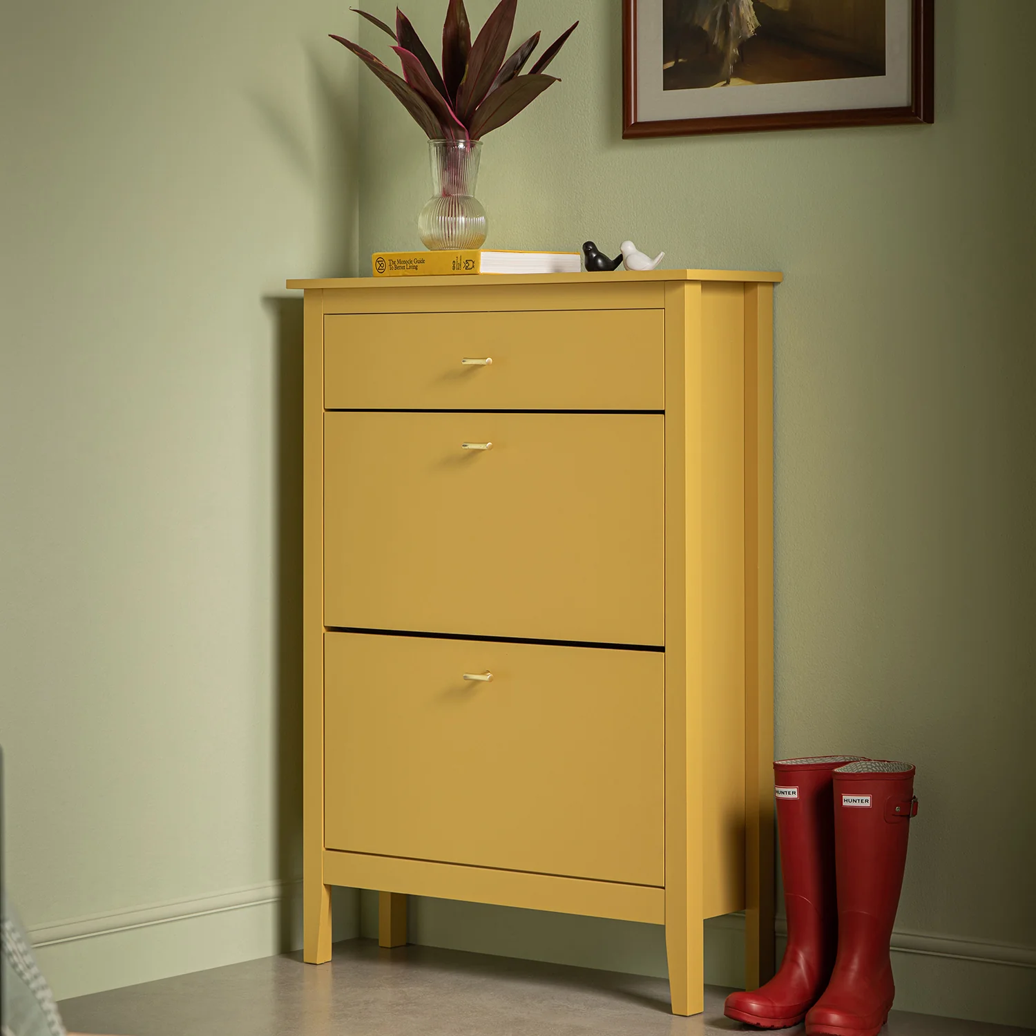 Oakham 2-Tier Shoe Cabinet with Top Drawer, Rattan Yellow - Image 2