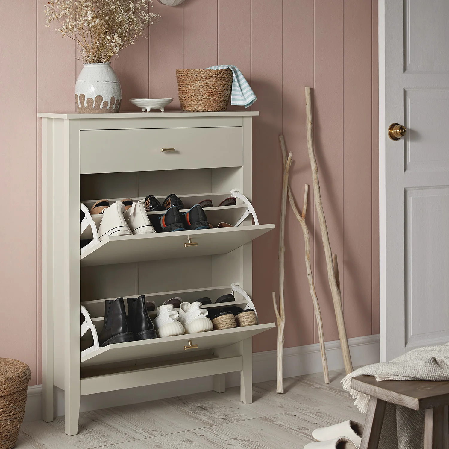 Oakham 2-Tier Shoe Cabinet with Top Drawer, Shaded White - Image 3