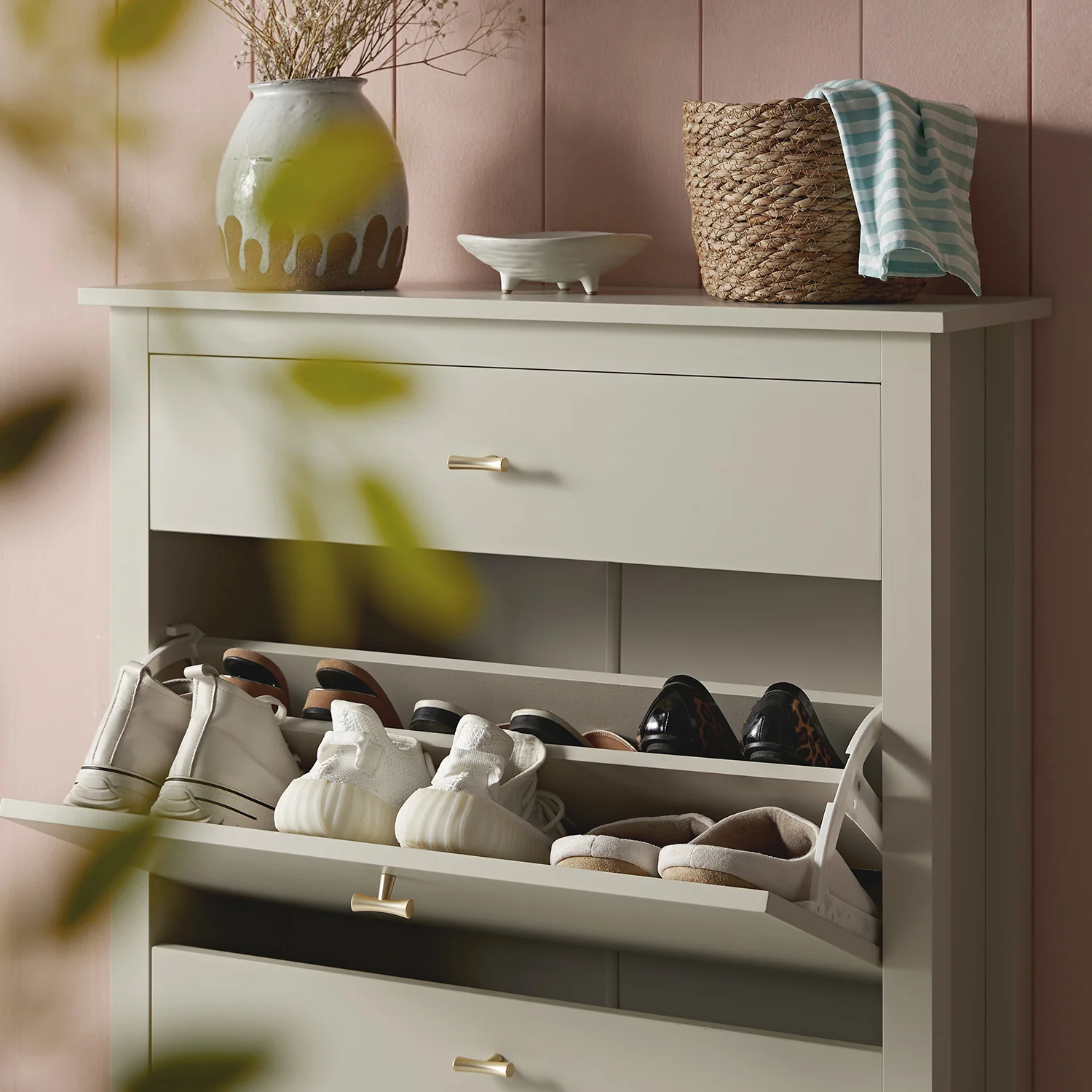 Oakham 2-Tier Shoe Cabinet with Top Drawer, Shaded White - Image 4