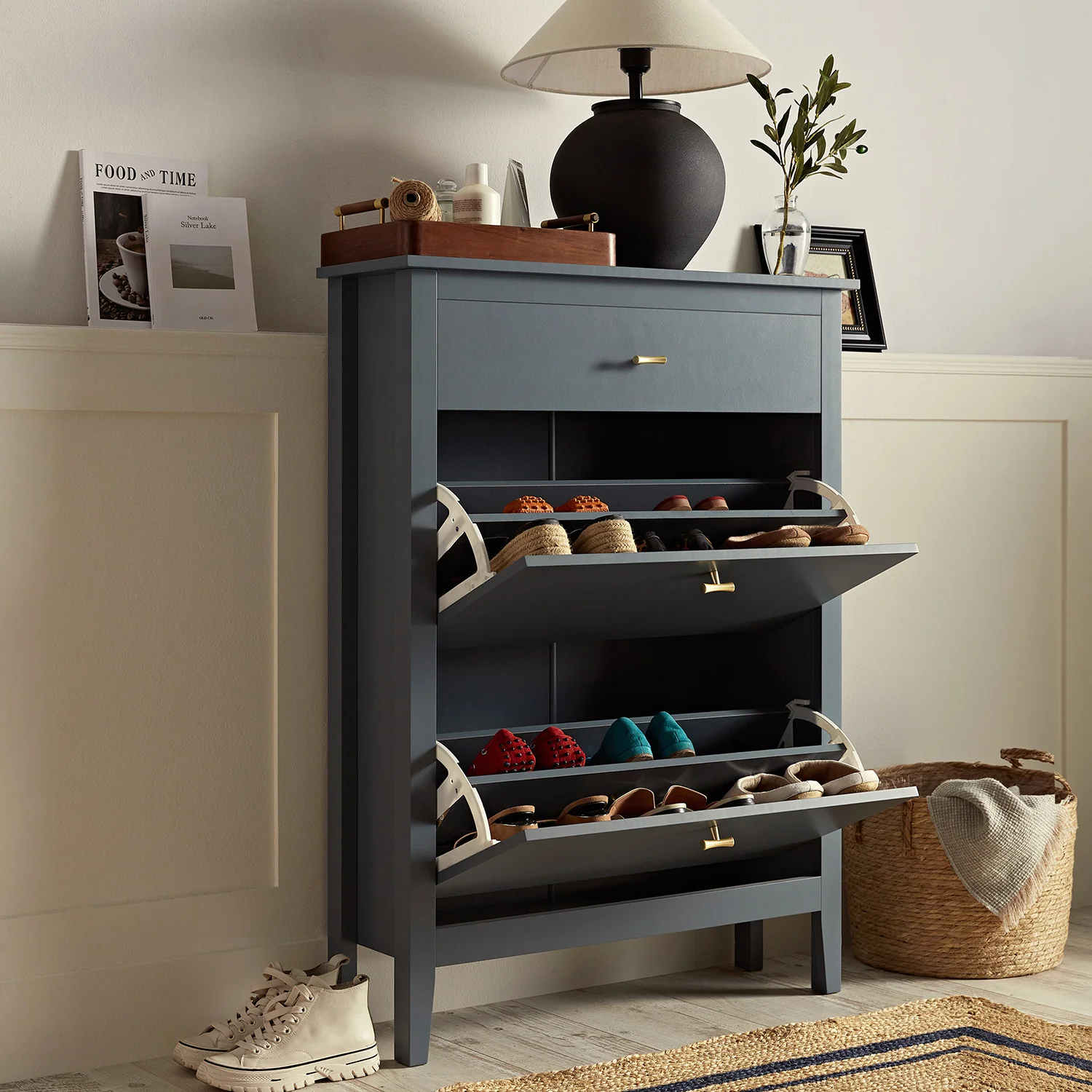 Oakham 2-Tier Shoe Cabinet with Top Drawer, Stormy Blue - Image 3