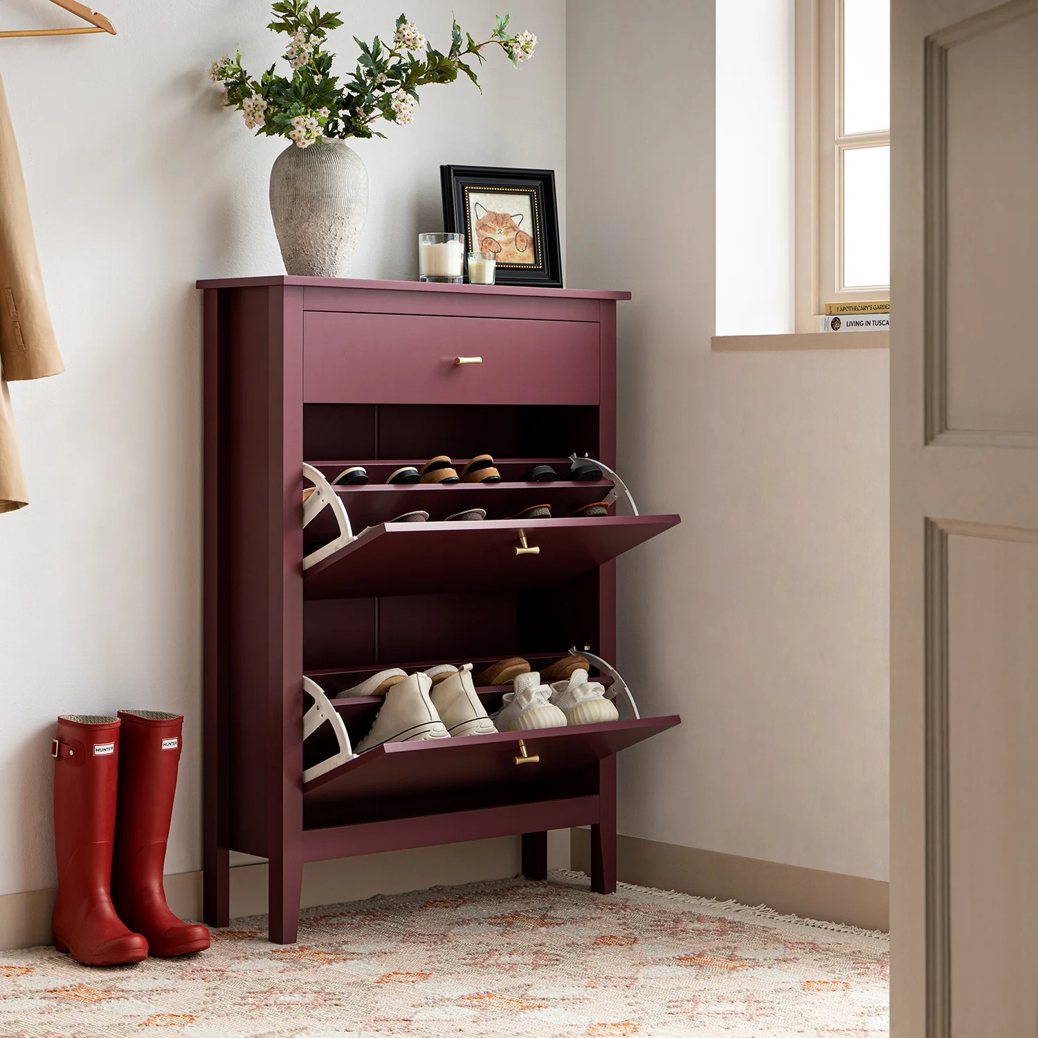 Oakham 2-Tier Shoe Cabinet with Top Drawer, Wild Cherry - Image 2
