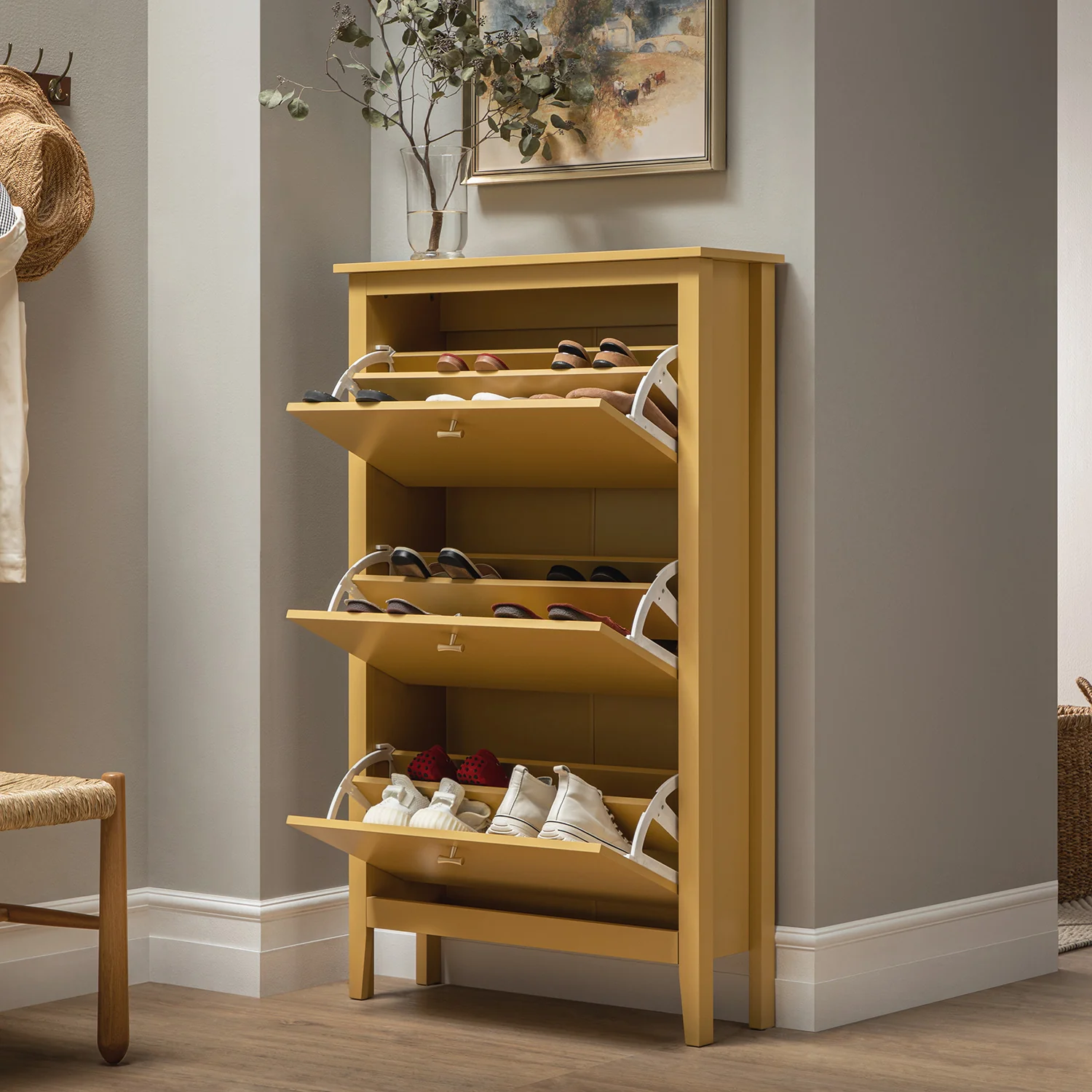Oakham 3-Tier Shoe Cabinet, Rattan Yellow - Image 3