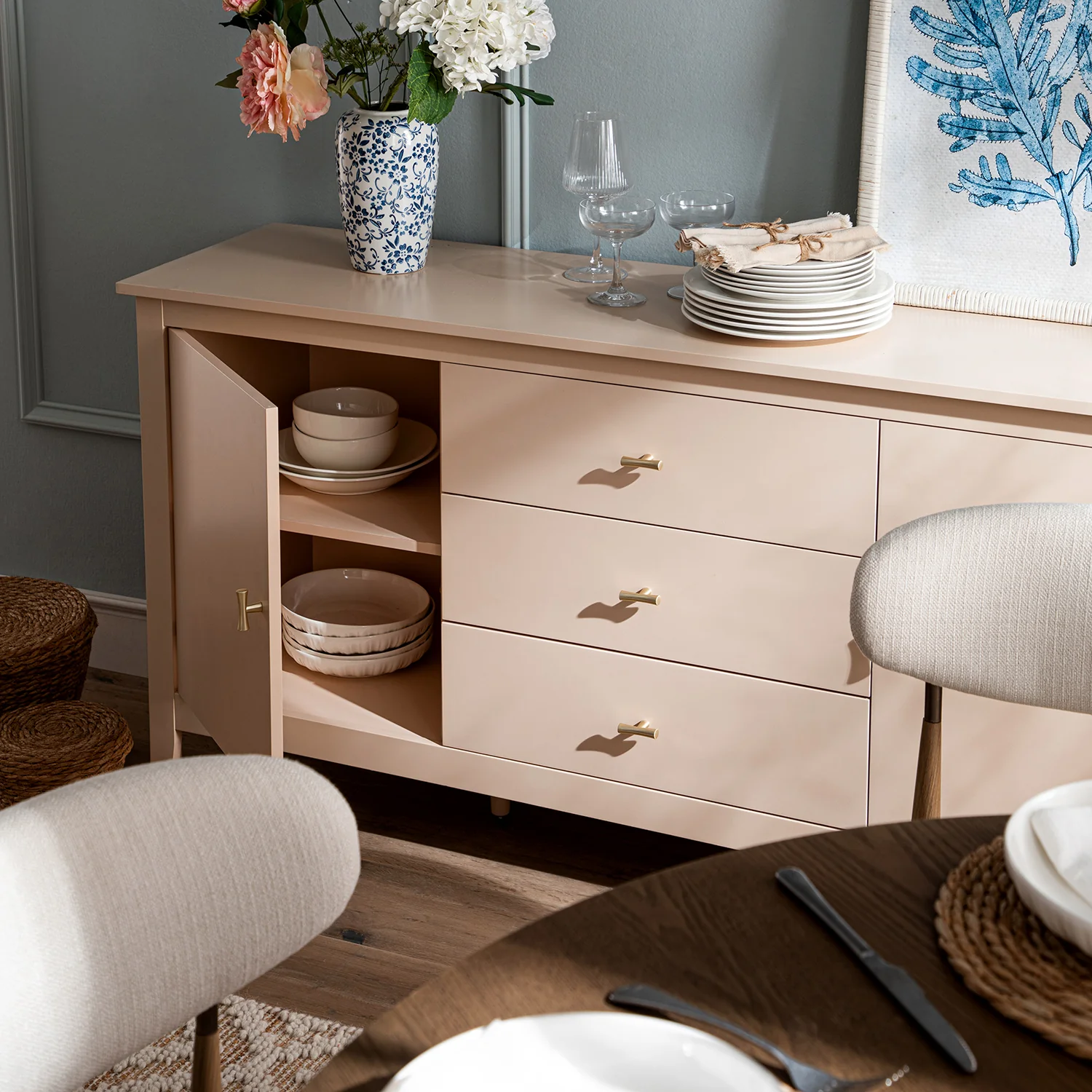 Oakham Wide Sideboard with Drawers, Nude Pink - Image 4