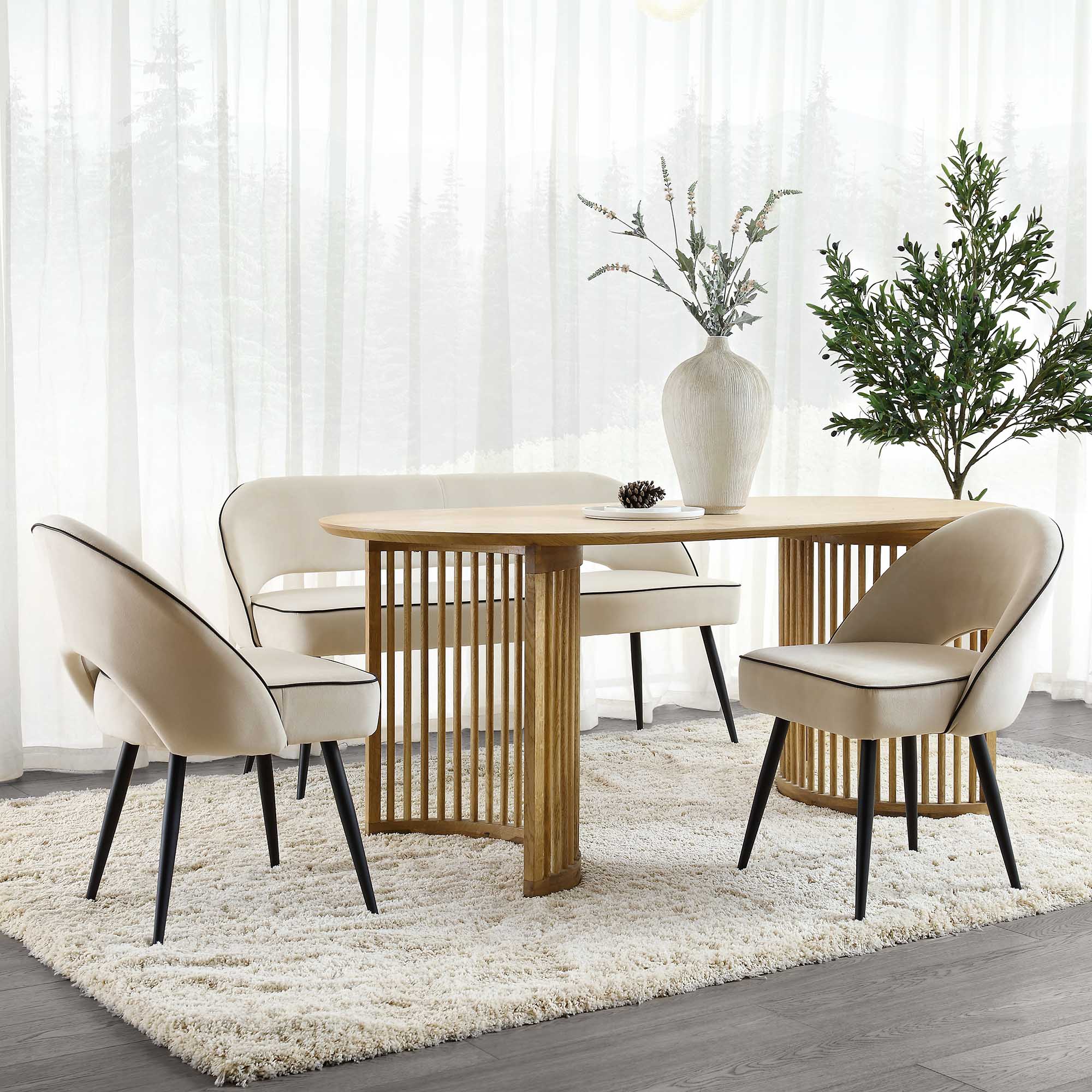 Oakley Champagne Velvet Upholstered 3 Seater Dining Bench with Contrast Piping - Image 2