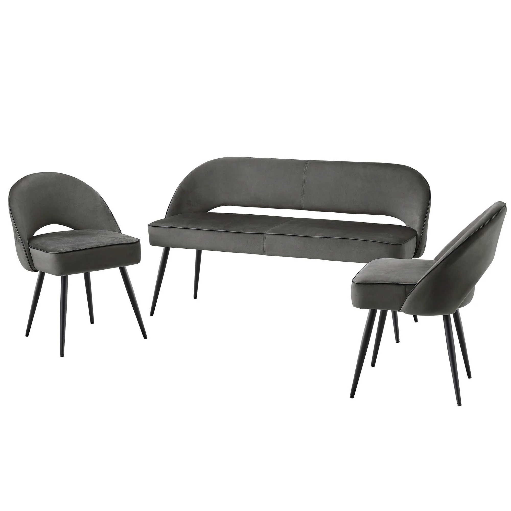 Oakley Dark Grey Velvet Upholstered 3 Seater Dining Bench with Contrast Piping - Image 3