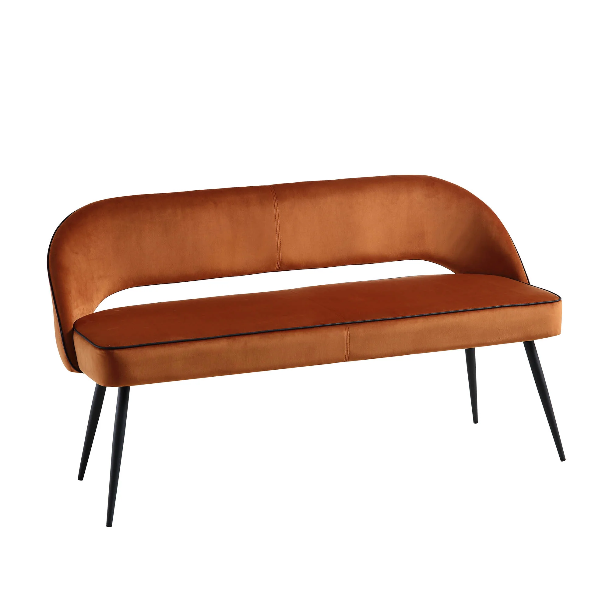 Oakley Orange Velvet Upholstered 3 Seater Dining Bench with Contrast Piping - Image 4