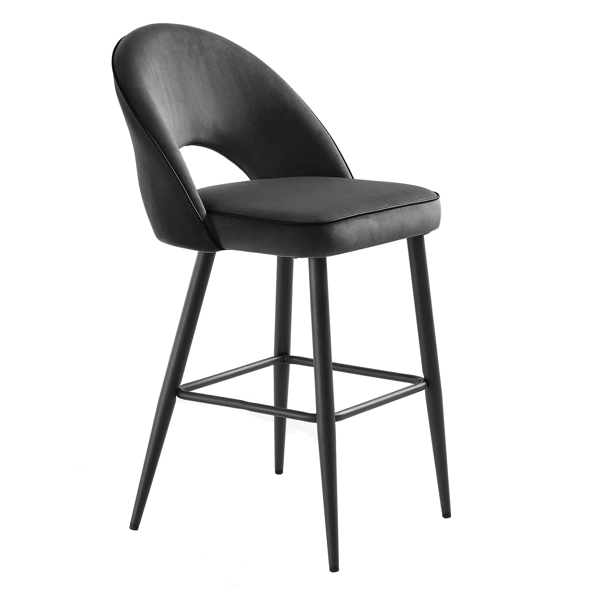 Oakley Set of 2 Dark Grey Velvet Upholstered Counter Stools with Contrast Piping - Image 6