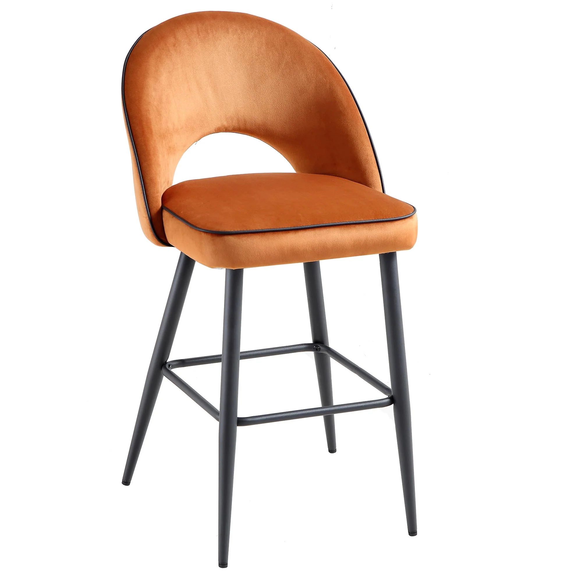 Oakley Set of 2 Orange Velvet Upholstered Counter Stools with Contrast Piping - Image 5