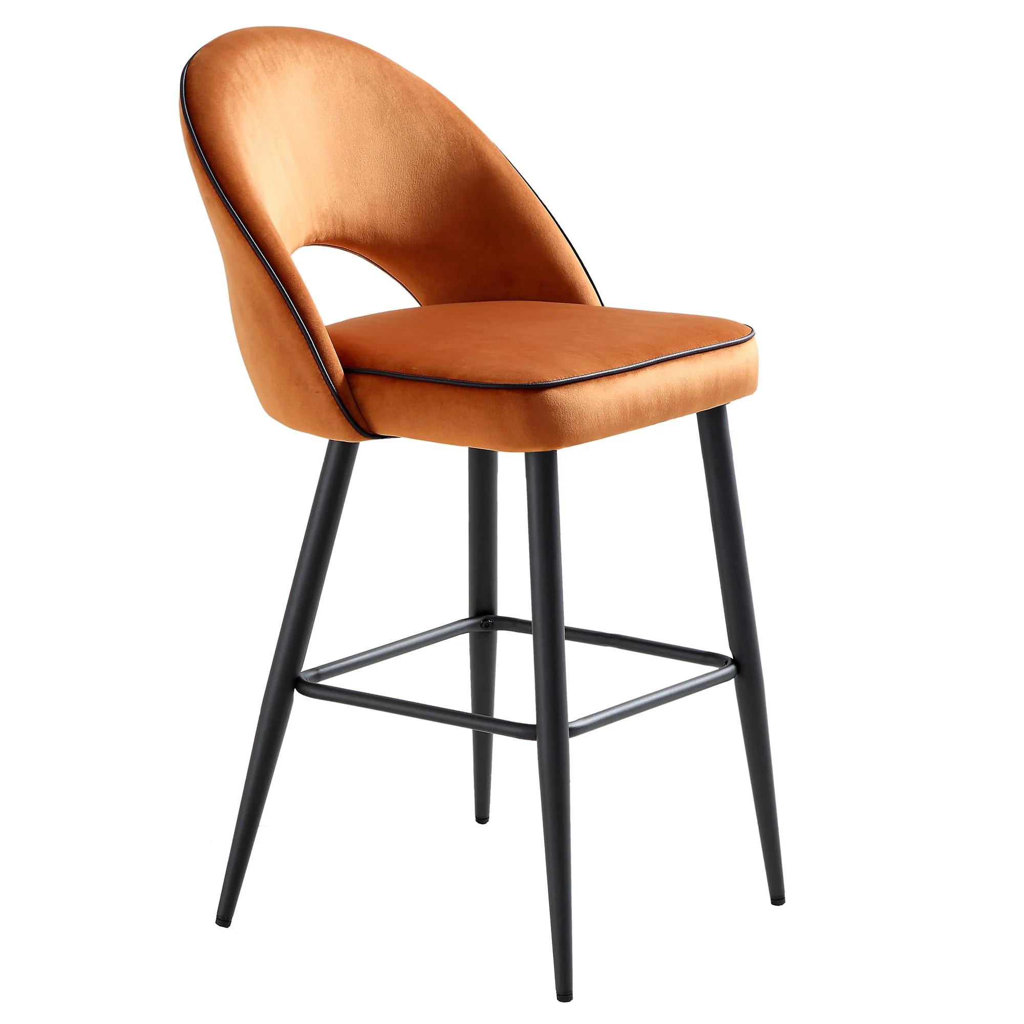Oakley Set of 2 Orange Velvet Upholstered Counter Stools with Contrast Piping - Image 6
