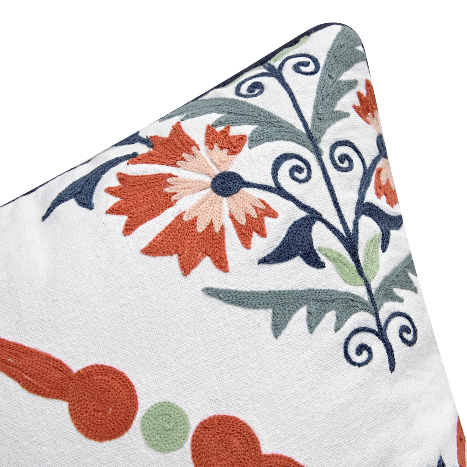 Paloma Burnt Terracotta Orange & Blue Floral Embroidered Cotton Cushion - Image 2