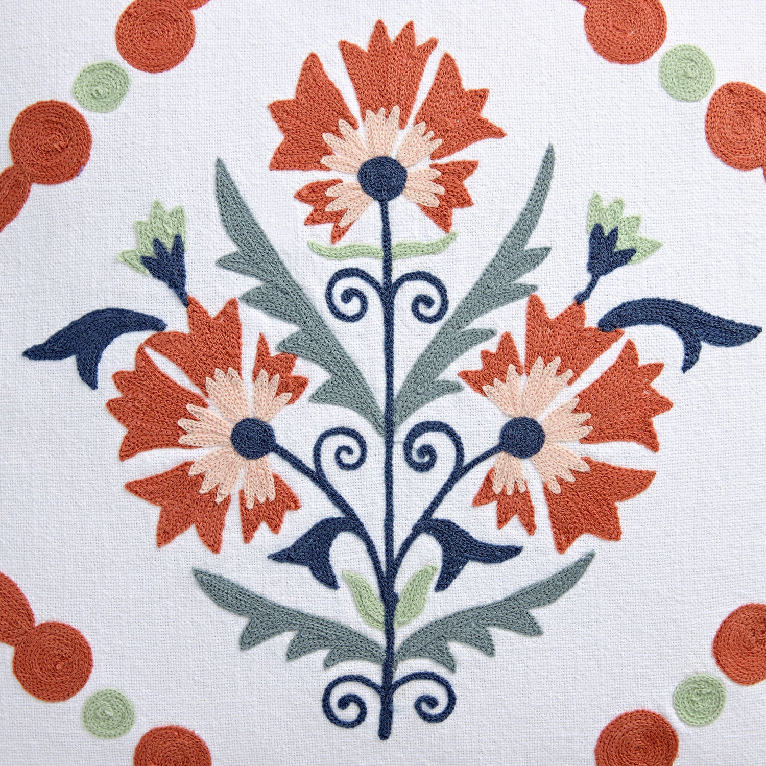 Paloma Burnt Terracotta Orange & Blue Floral Embroidered Quilted Cotton Bedspread - Image 4