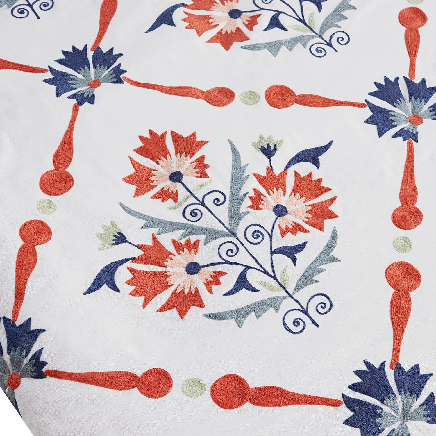 Paloma Burnt Terracotta Orange & Blue Floral Embroidered Quilted Cotton Bedspread - Image 6