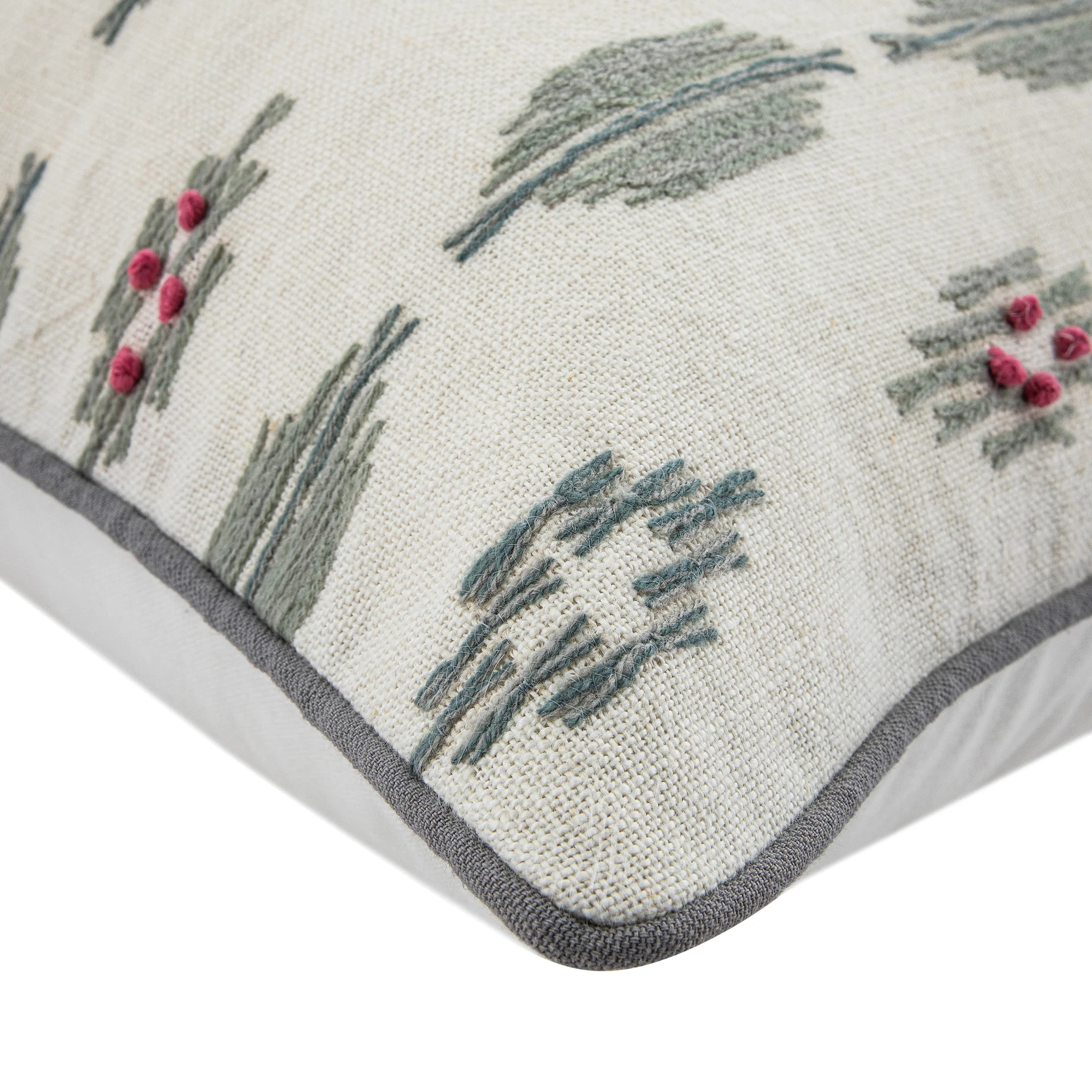 Patola Ikat Slate Blue and Pink French Knot Linen Cushion - Image 2