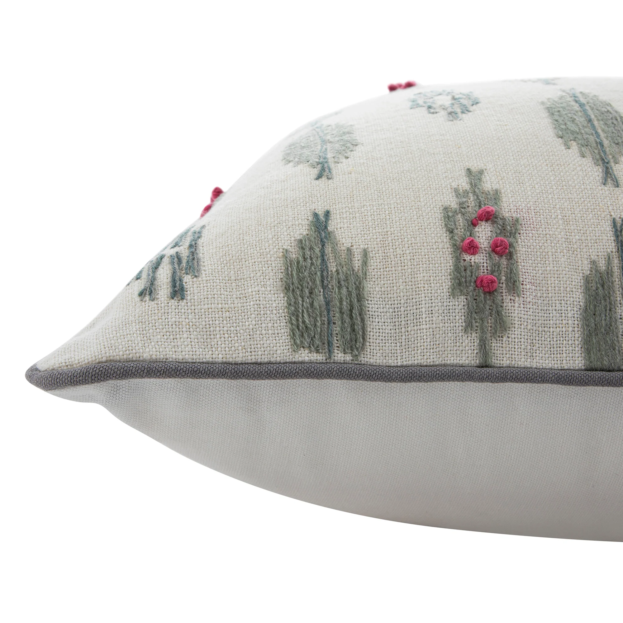 Patola Ikat Slate Blue and Pink French Knot Linen Cushion - Image 3