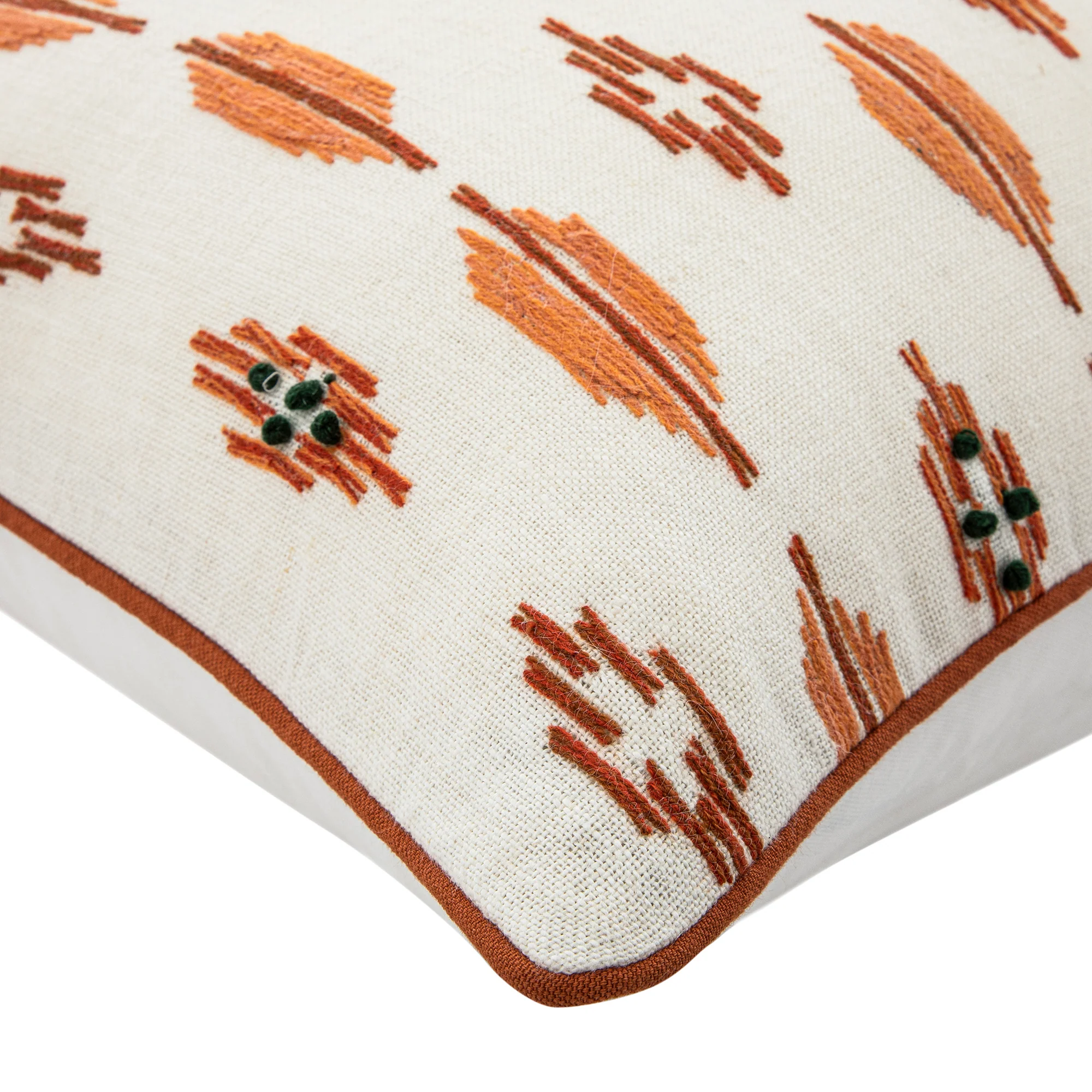 Patola Ikat Orange and Green French Knot Linen Cushion - Image 3