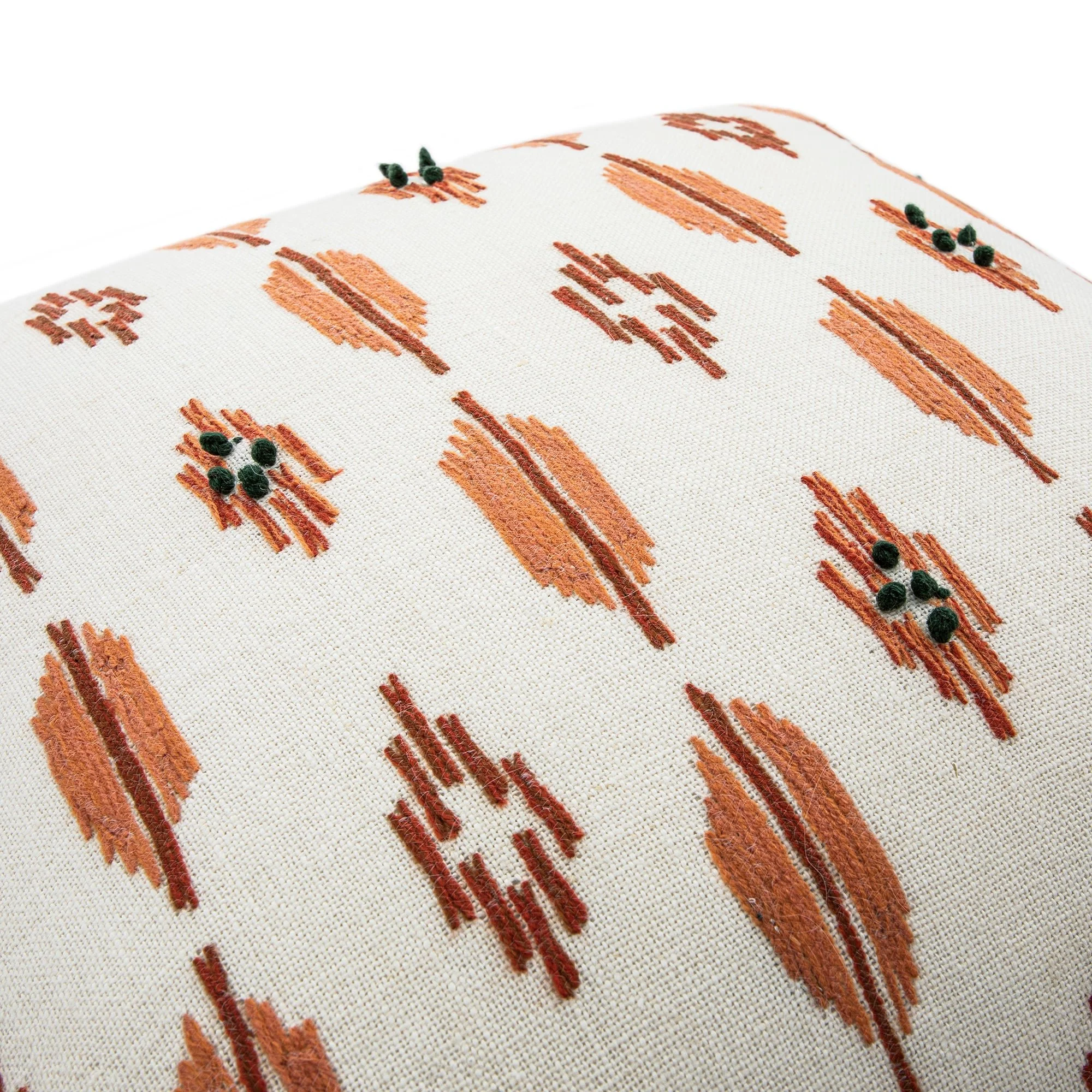 Patola Ikat Orange and Green French Knot Linen Cushion - Image 4