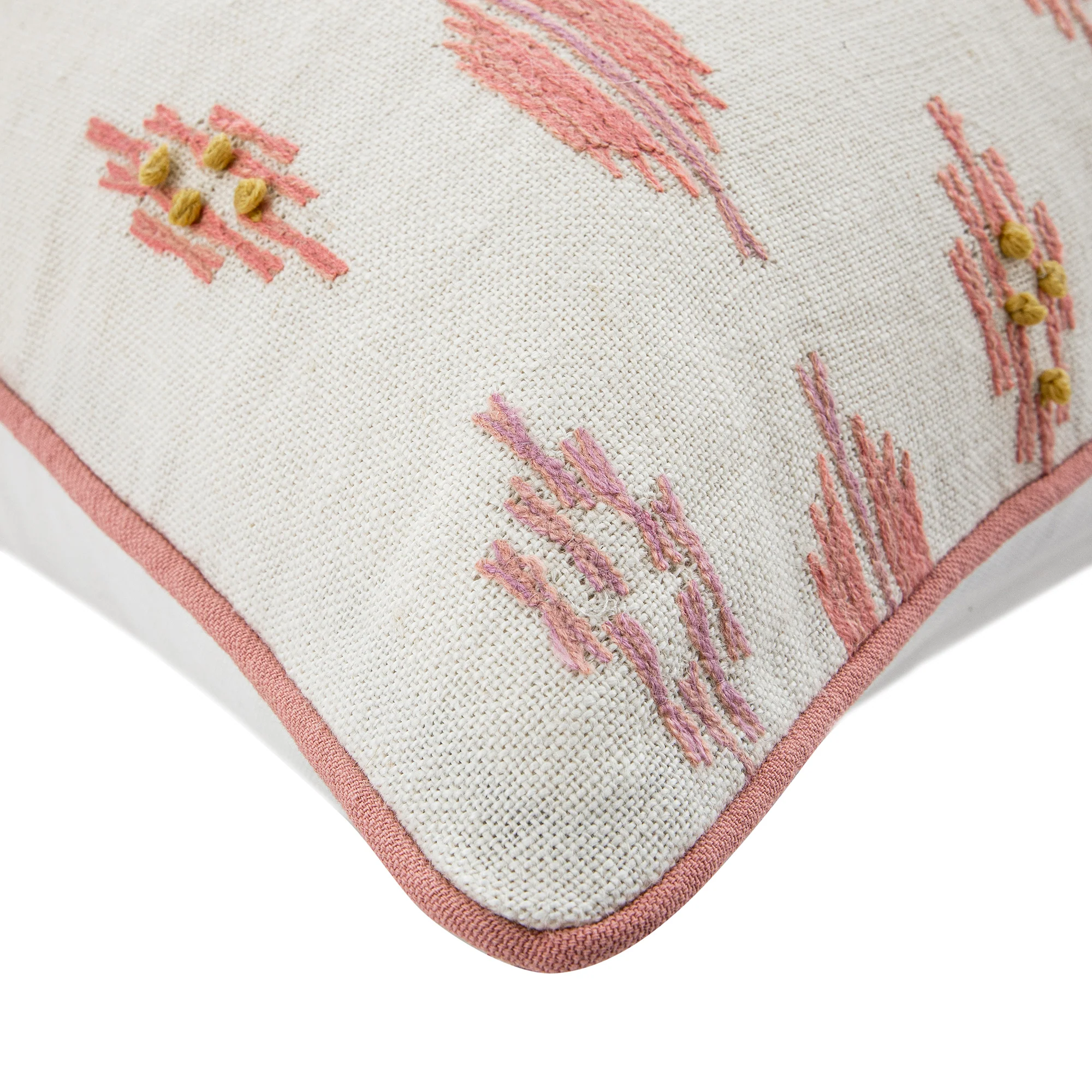 Patola Ikat Pink and Yellow French Knot Linen Cushion - Image 2