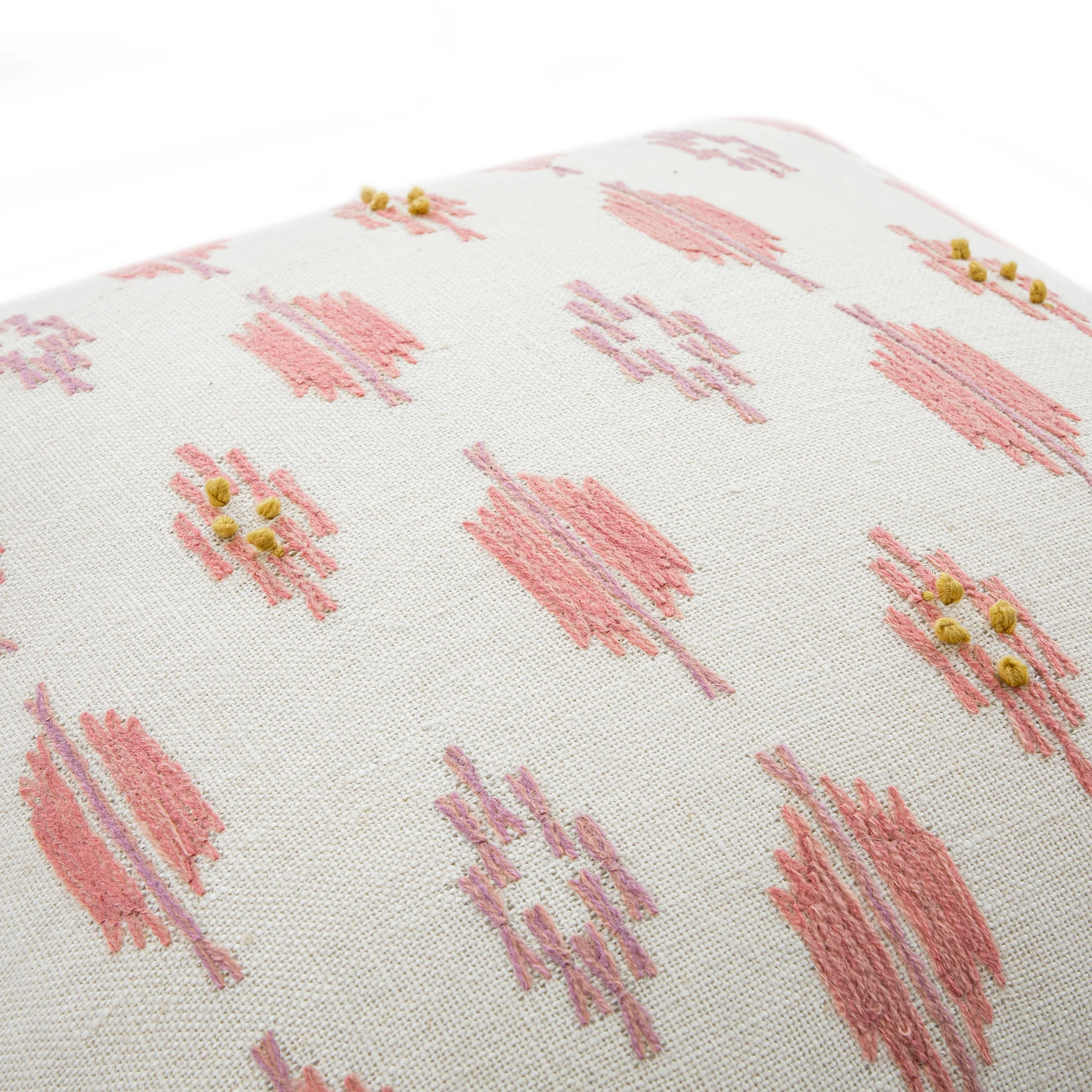 Patola Ikat Pink and Yellow French Knot Linen Cushion - Image 3