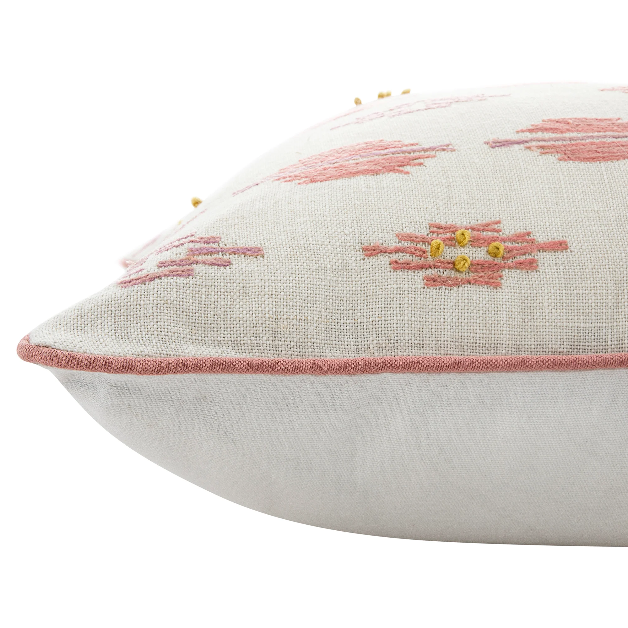 Patola Ikat Pink and Yellow French Knot Linen Cushion - Image 4