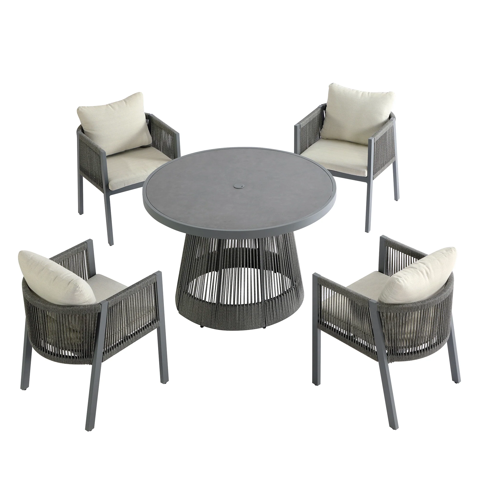 Pedra Rope and Aluminium Outdoor 4-Seater Round Dining Set, Grey - Image 11