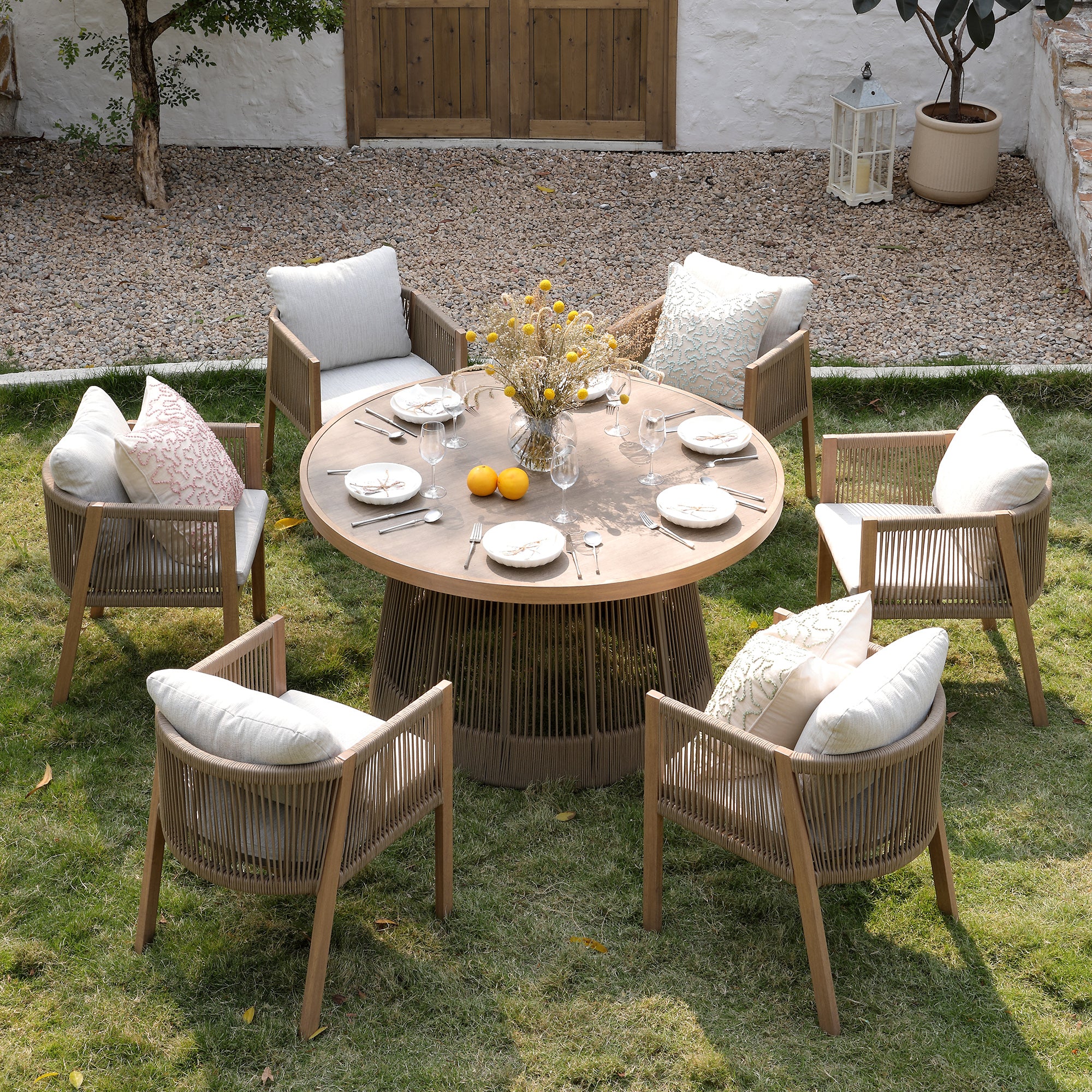 Pedra Rope and Aluminium Outdoor 6-Seater Round Dining Set, Natural - Image 3