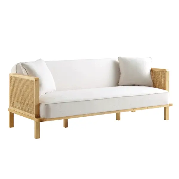 Pienza Cane Sofa Bed, Beige Woven Fabric with Natural Solid Oak Frame - Image 5