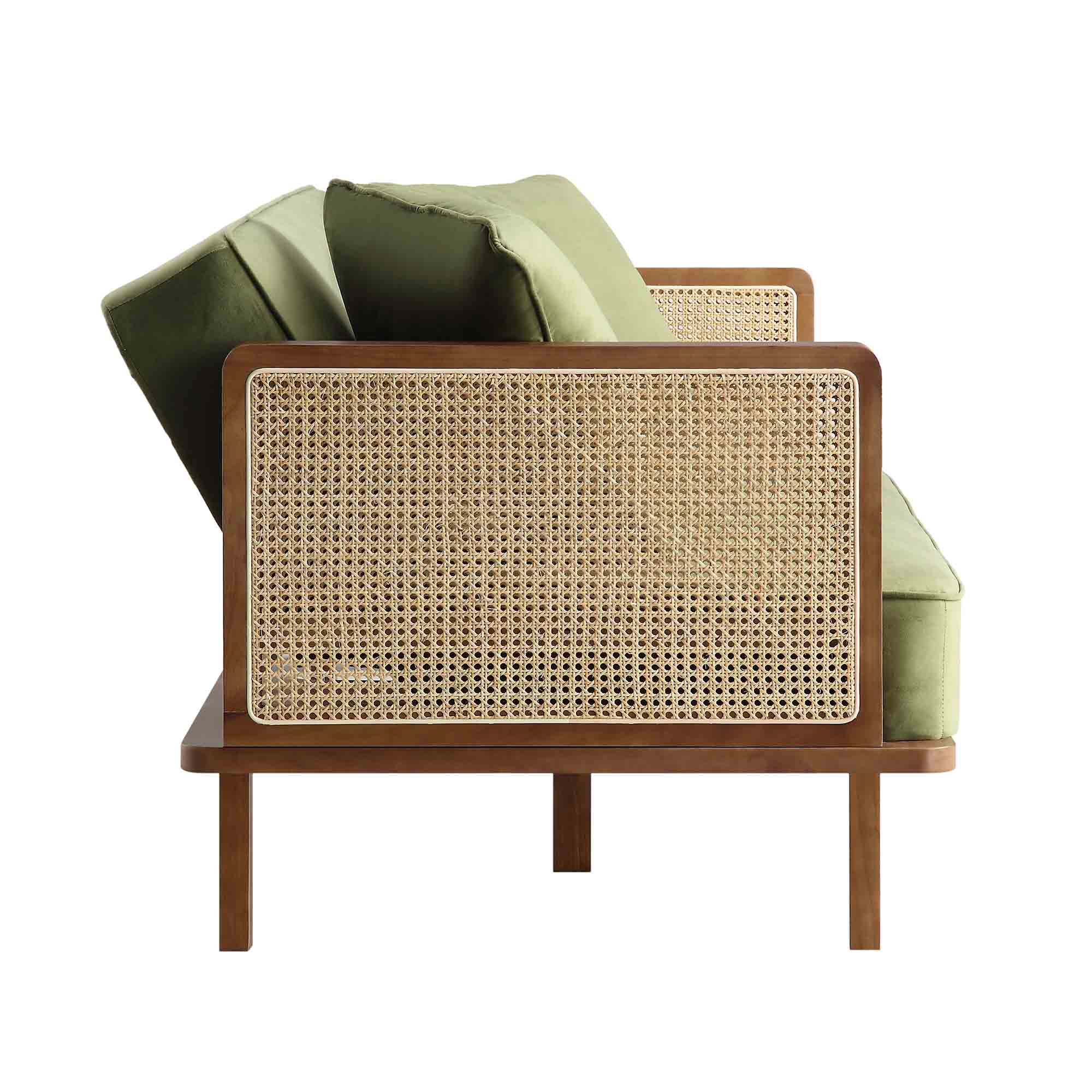 Pienza Cane Sofa Bed, Moss Green Velvet with Walnut Frame - Image 12