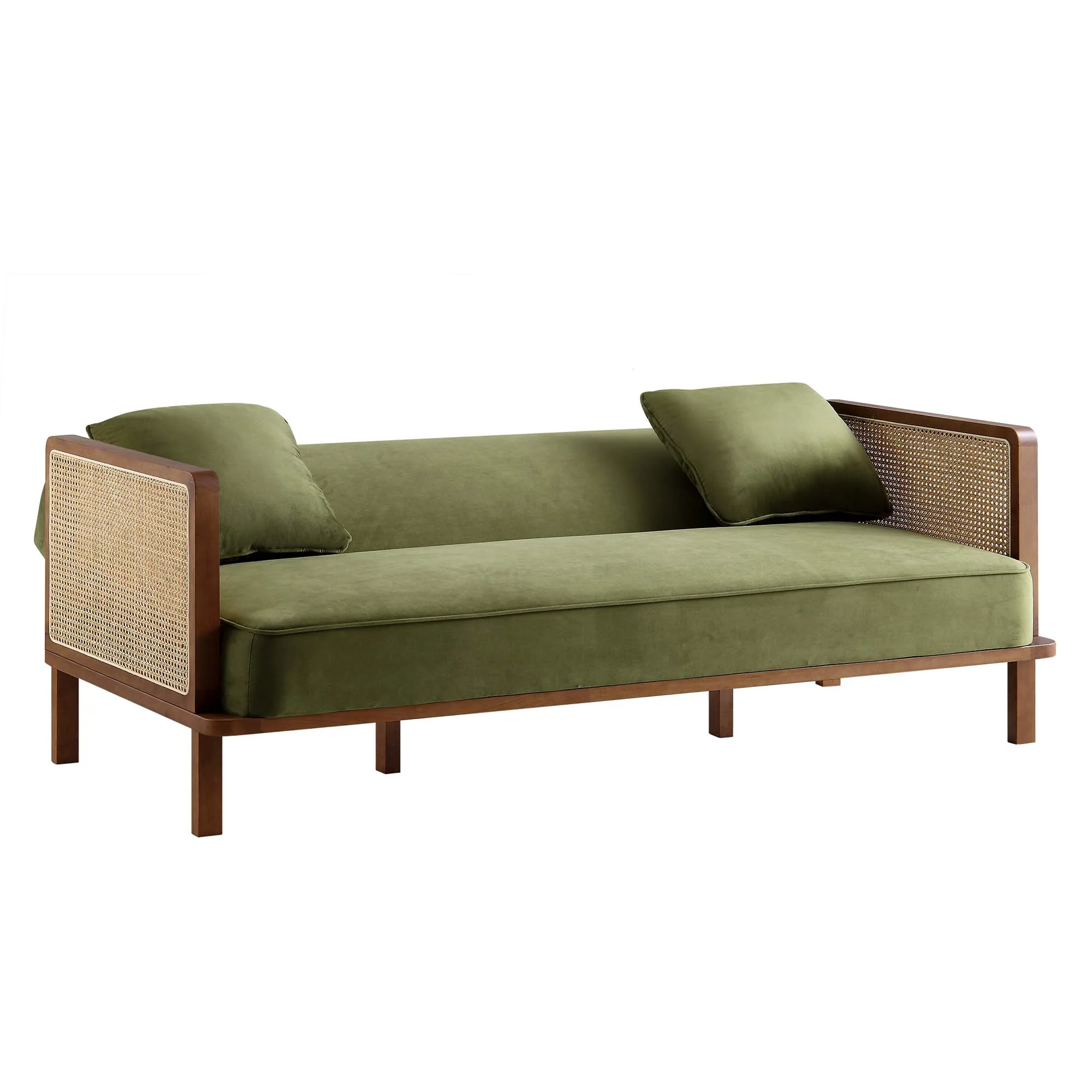 Pienza Cane Sofa Bed, Moss Green Velvet with Walnut Frame - Image 9
