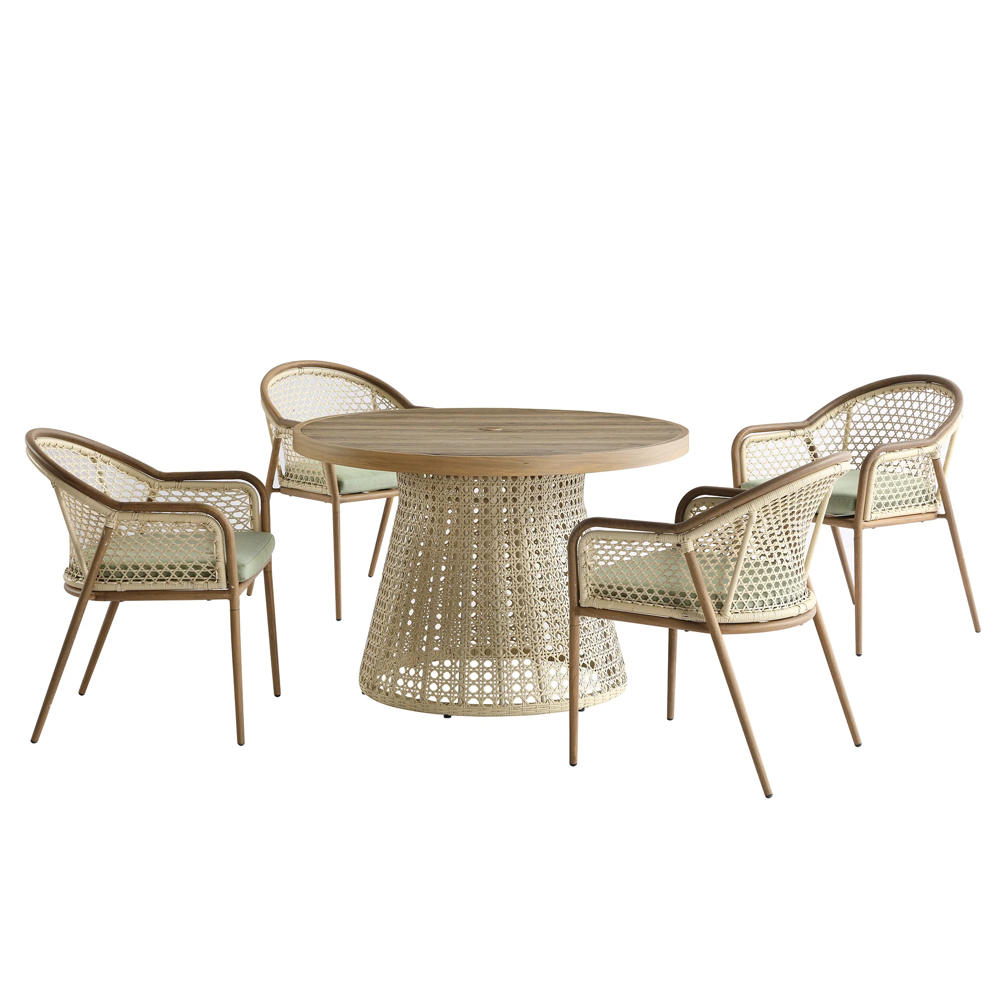 Pienza Outdoor Rattan 4-Seater Round Dining Set, Sage Green Fabric with Light Walnut Frame - Image 7