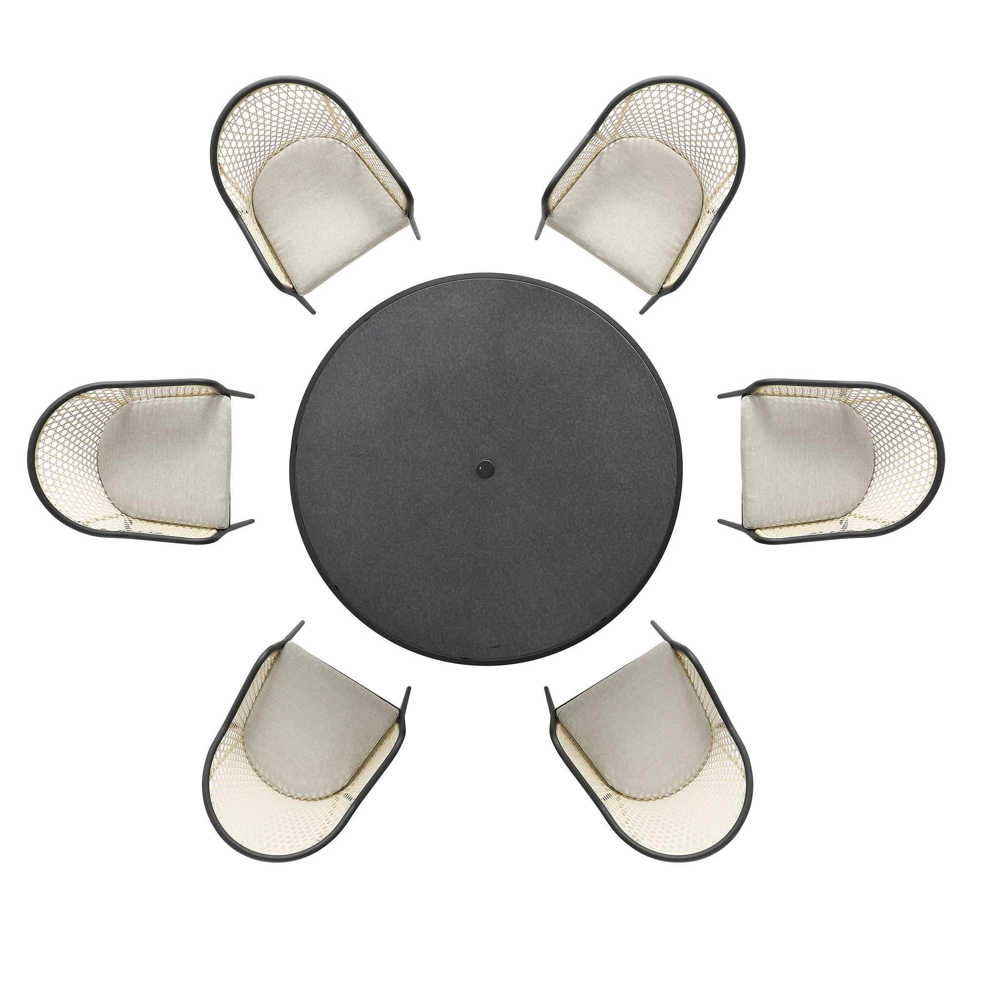 Pienza Outdoor Rattan 6-Seater Round Dining Set, Oatmeal Fabric with Black Frame - Image 11
