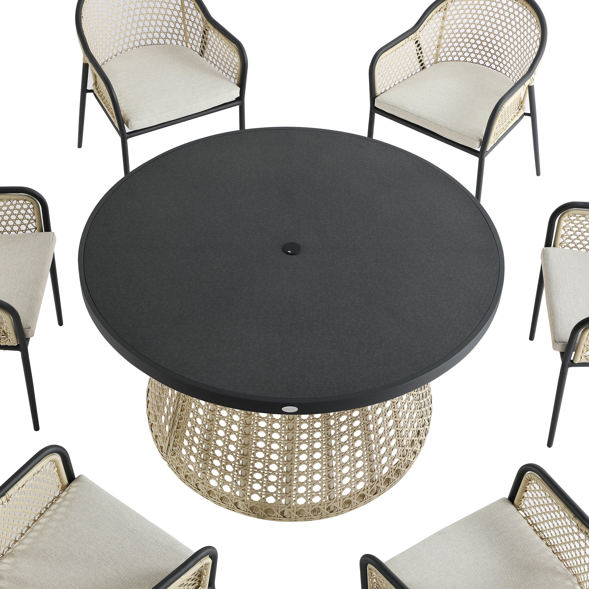 Pienza Outdoor Rattan 6-Seater Round Dining Set, Oatmeal Fabric with Black Frame - Image 12