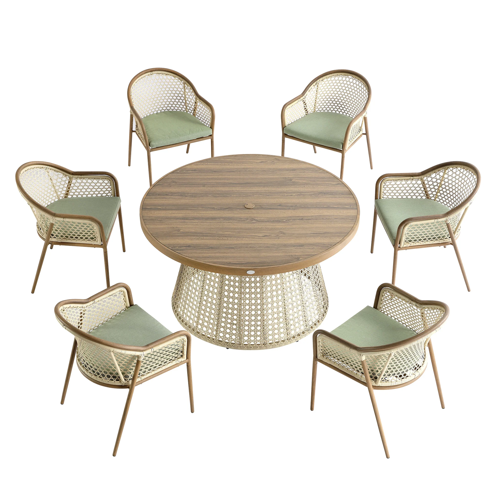 Pienza Outdoor Rattan 6-Seater Round Dining Set, Sage Green Fabric with Light Walnut Frame - Image 9