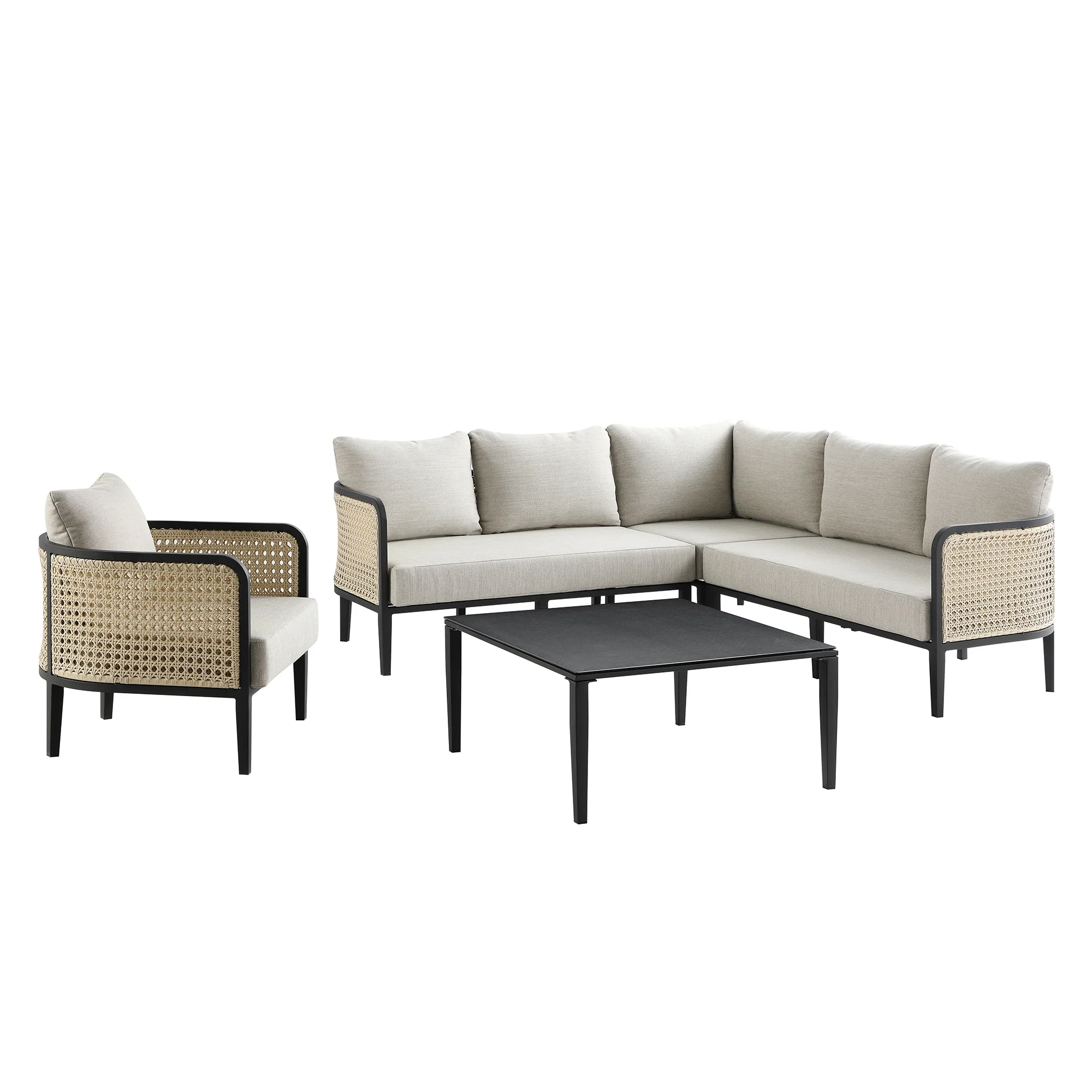 Pienza Outdoor Rattan Corner Sofa Set, Oatmeal Fabric with Black Frame - Image 10