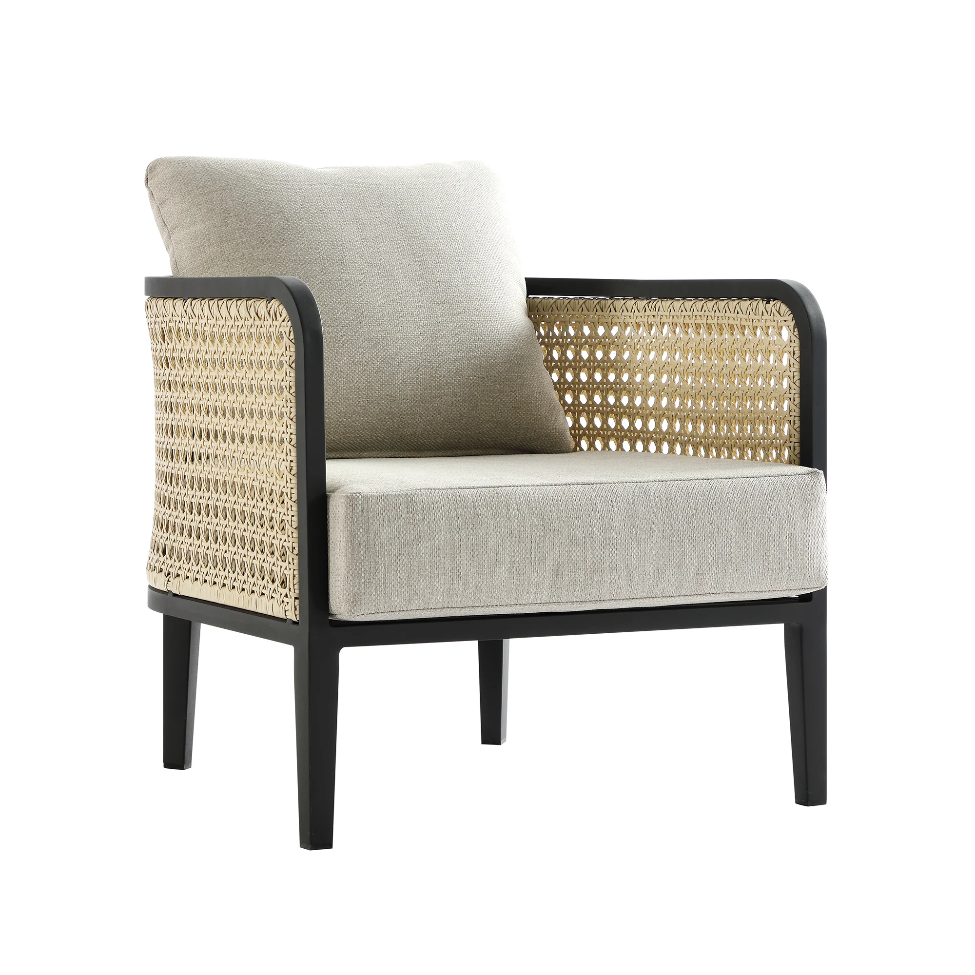 Pienza Outdoor Rattan Corner Sofa Set, Oatmeal Fabric with Black Frame - Image 17