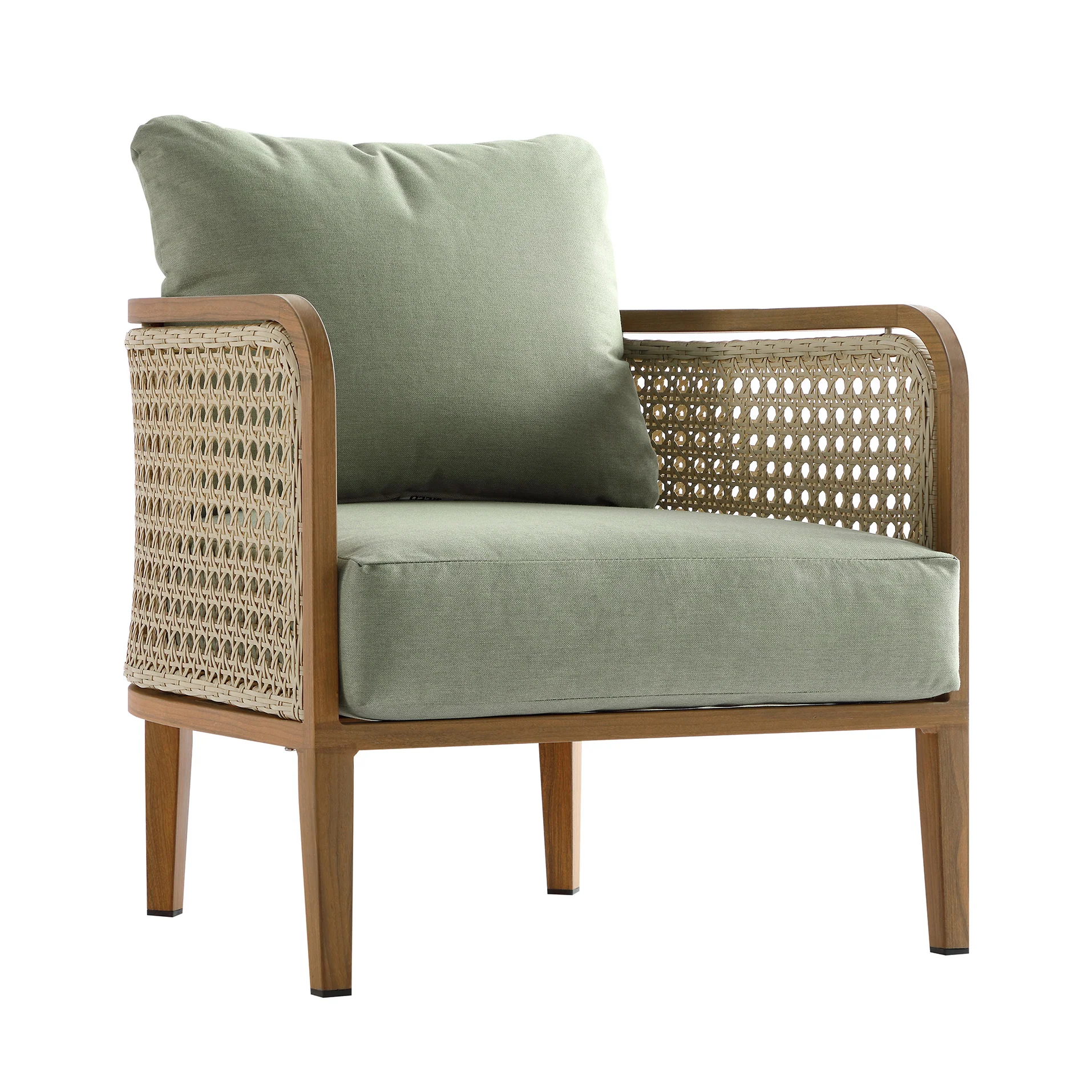 Pienza Outdoor Rattan Corner Sofa Set, Sage Green Fabric with Light Walnut Frame - Image 17
