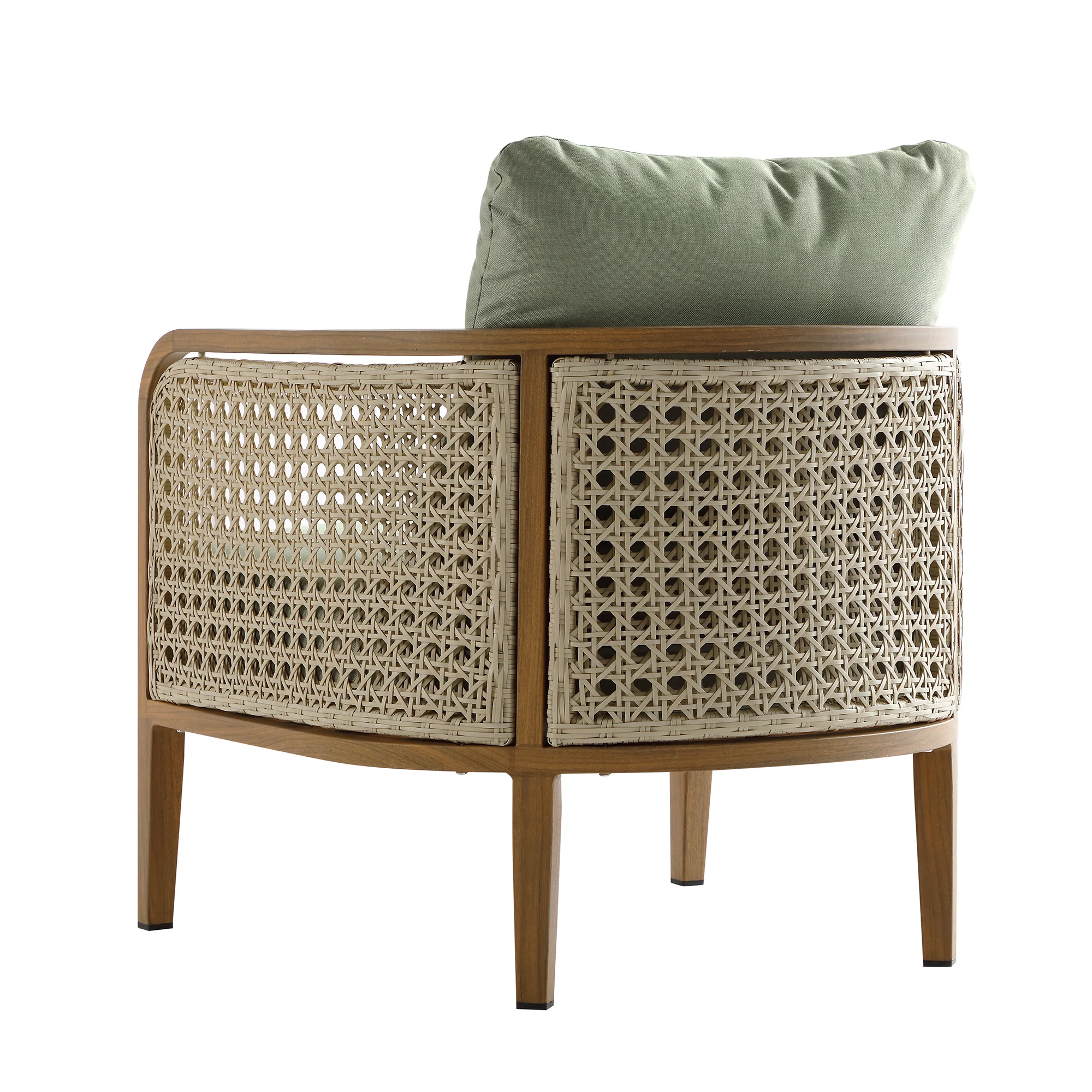 Pienza Outdoor Rattan Corner Sofa Set, Sage Green Fabric with Light Walnut Frame - Image 18