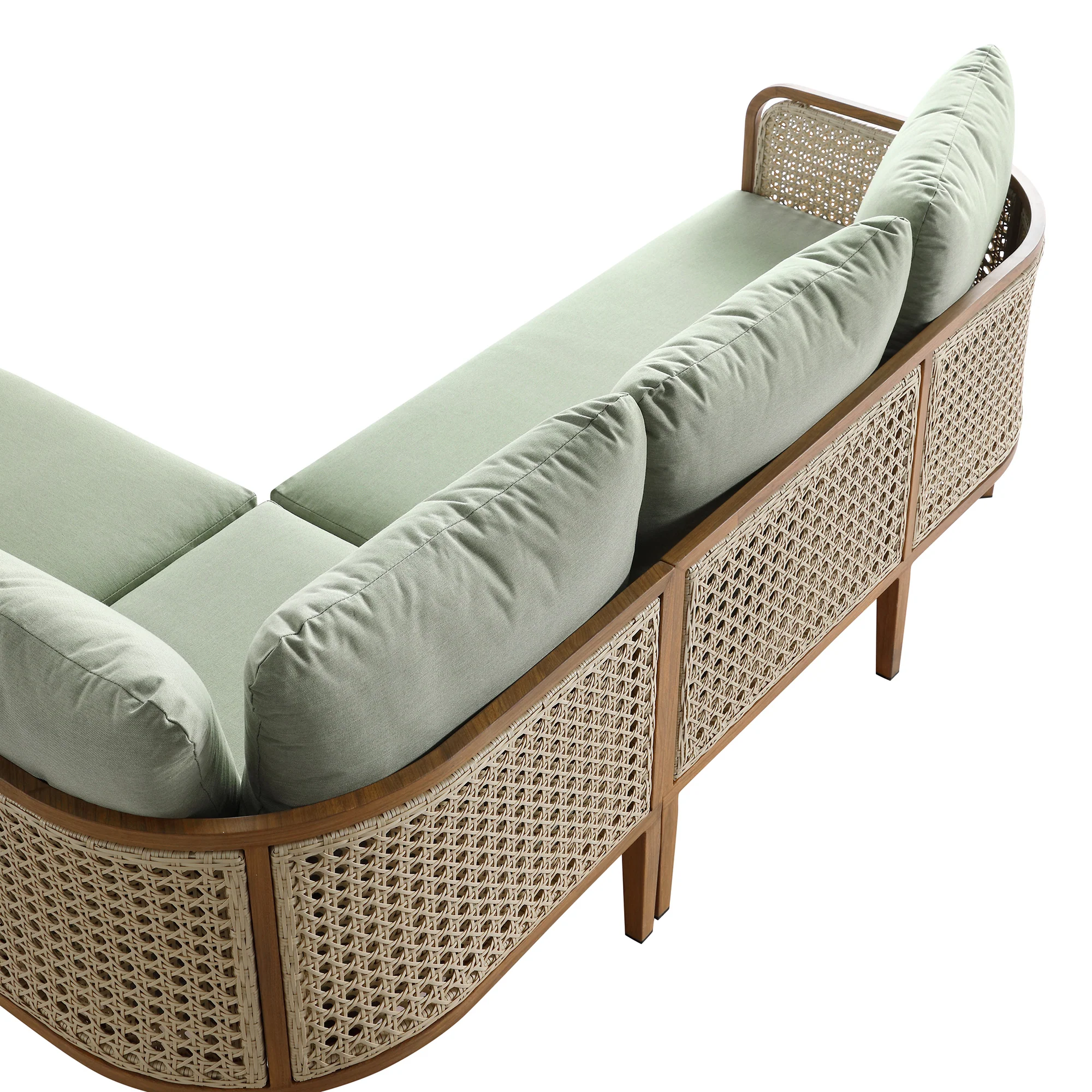 Pienza Outdoor Rattan Corner Sofa Set, Sage Green Fabric with Light Walnut Frame - Image 19