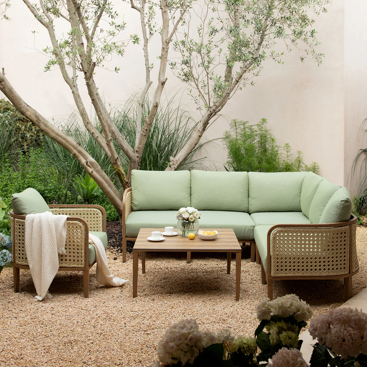 Pienza Outdoor Rattan Corner Sofa Set, Sage Green Fabric with Light Walnut Frame - Image 2