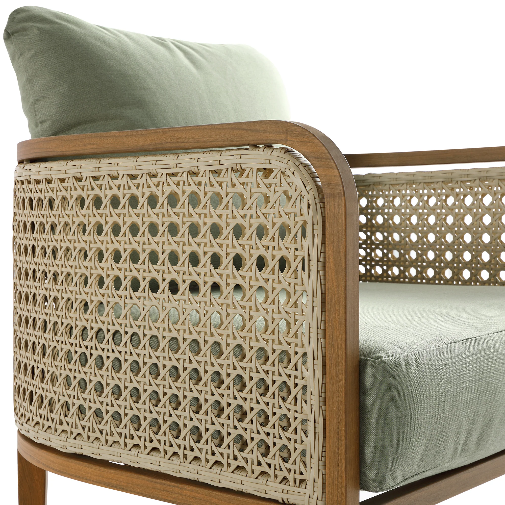 Pienza Outdoor Rattan Corner Sofa Set, Sage Green Fabric with Light Walnut Frame - Image 21