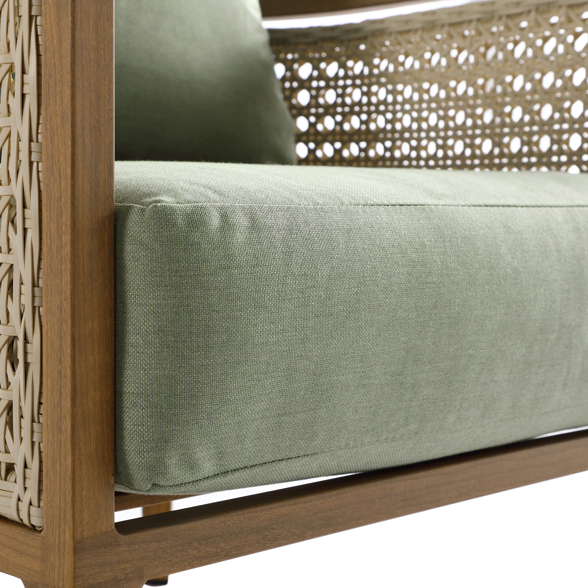 Pienza Outdoor Rattan Corner Sofa Set, Sage Green Fabric with Light Walnut Frame - Image 23