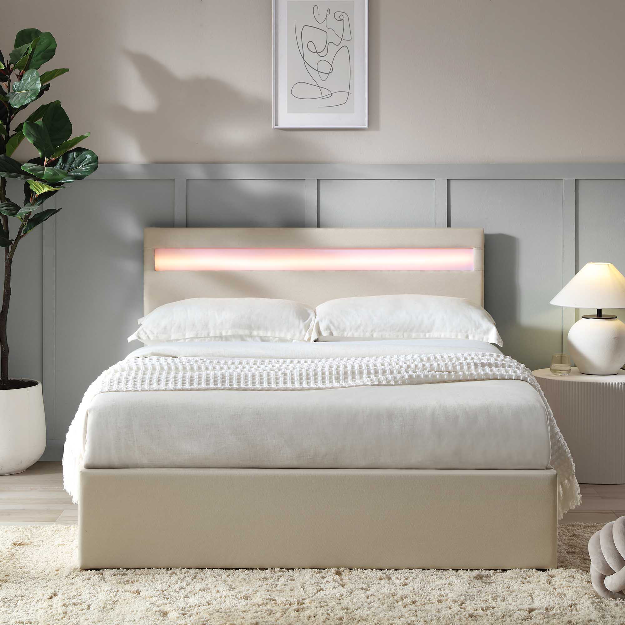 Pimlico End Opening Ottoman Storage Bed Frame with Multi-colour LED Headboard (Beige Fabric) - Image 4