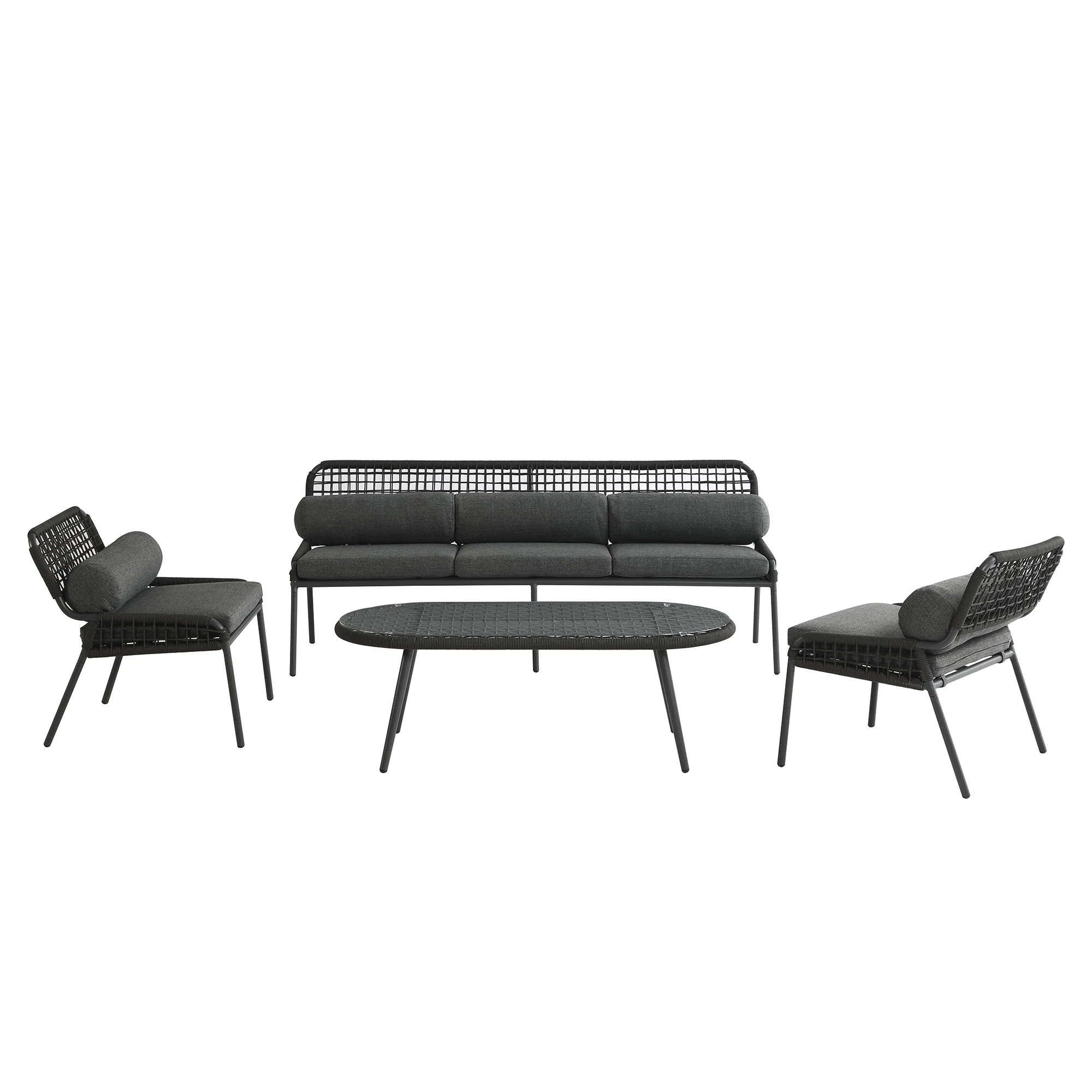 Pomona Rope Weave 5-Seater Sofa Set, Dark Grey Fabric with Black Frame - Image 8