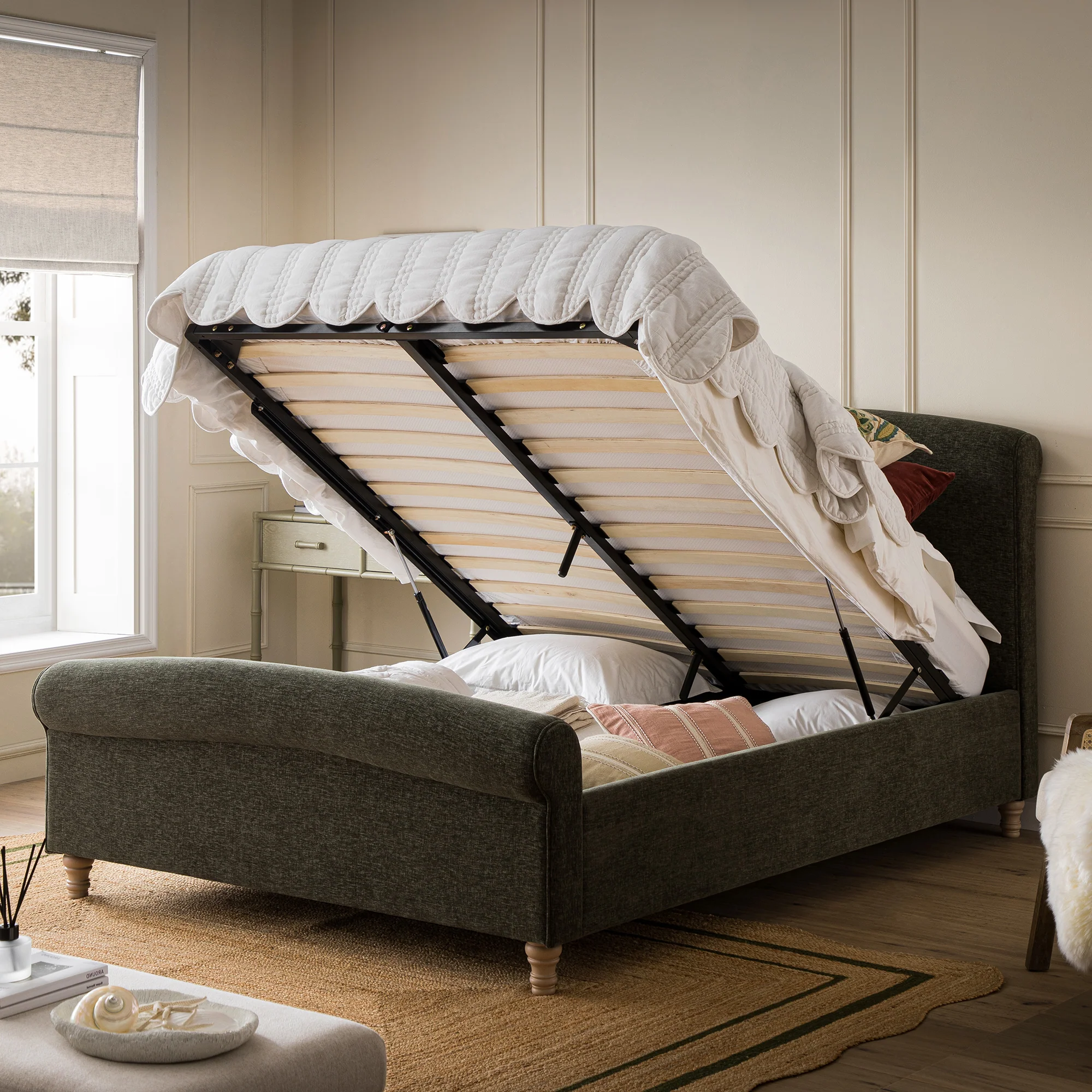 Porchester Ottoman Storage Sleigh Bed, Forest Green Chenille - Image 3