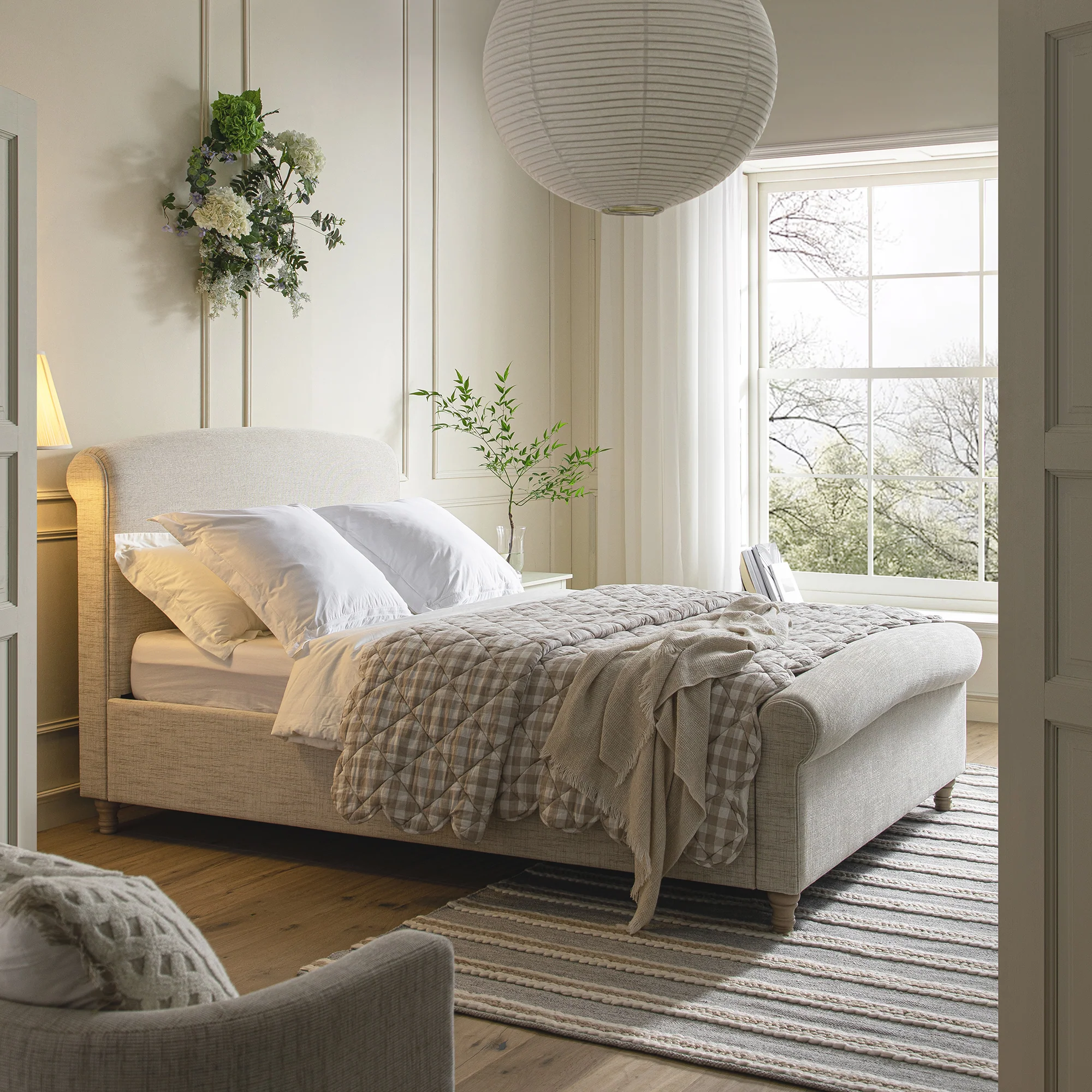 Porchester Ottoman Storage Sleigh Bed, Oatmeal Woven Textured Fabric