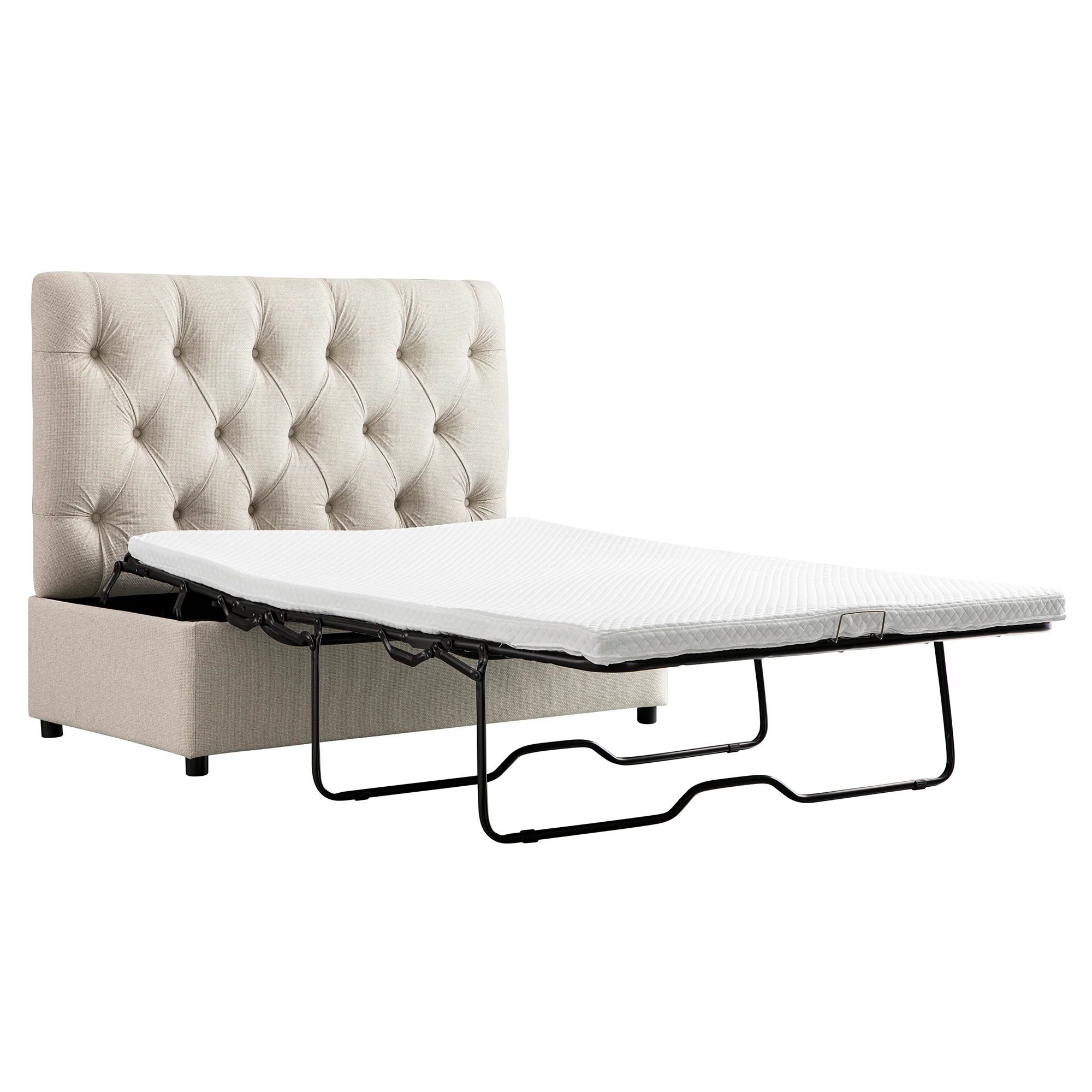 Portland Small Double Buttoned Fold-Out Bed in Ottoman, Beige Woven Fabric - Image 12