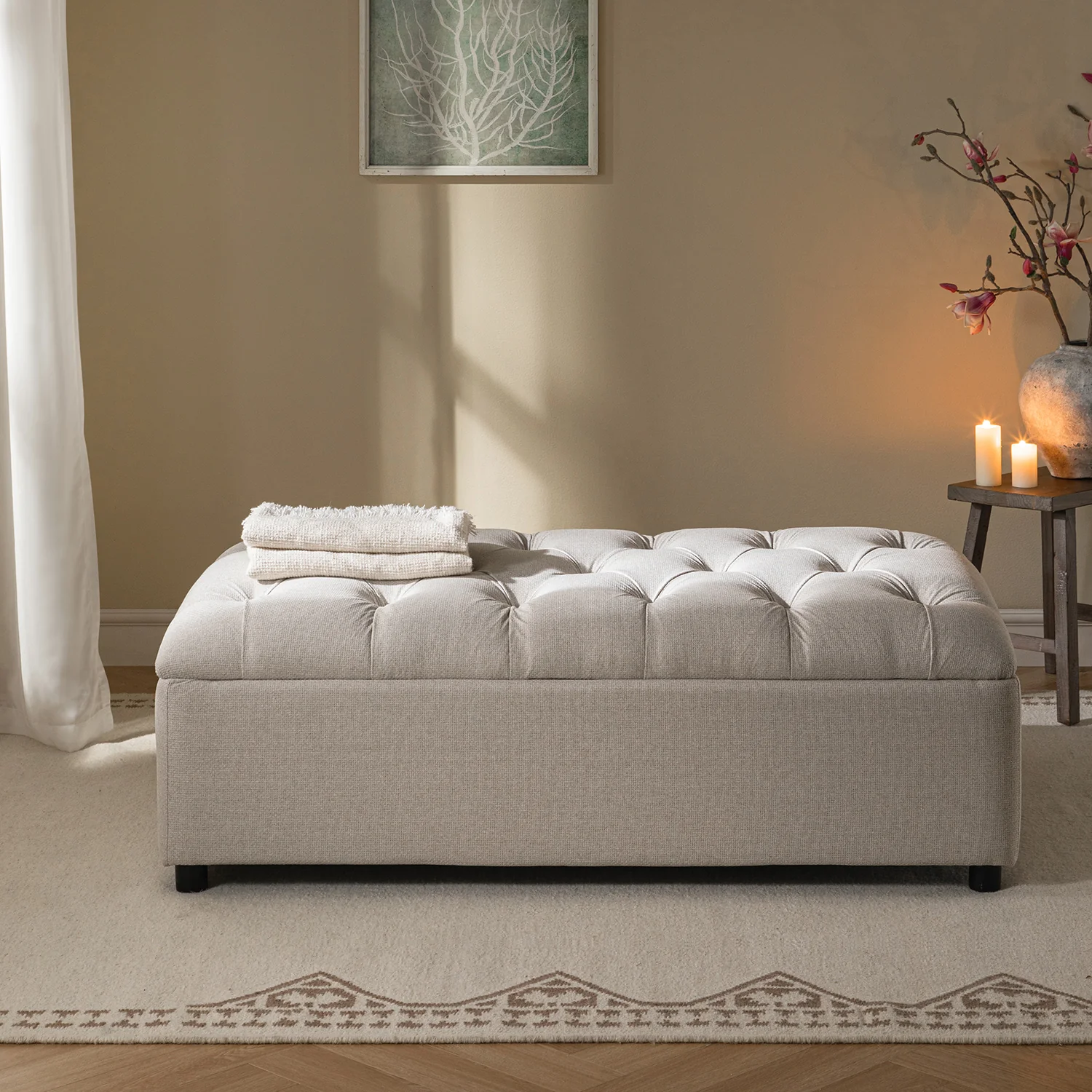 Portland Small Double Buttoned Fold-Out Bed in Ottoman, Beige Woven Fabric - Image 3