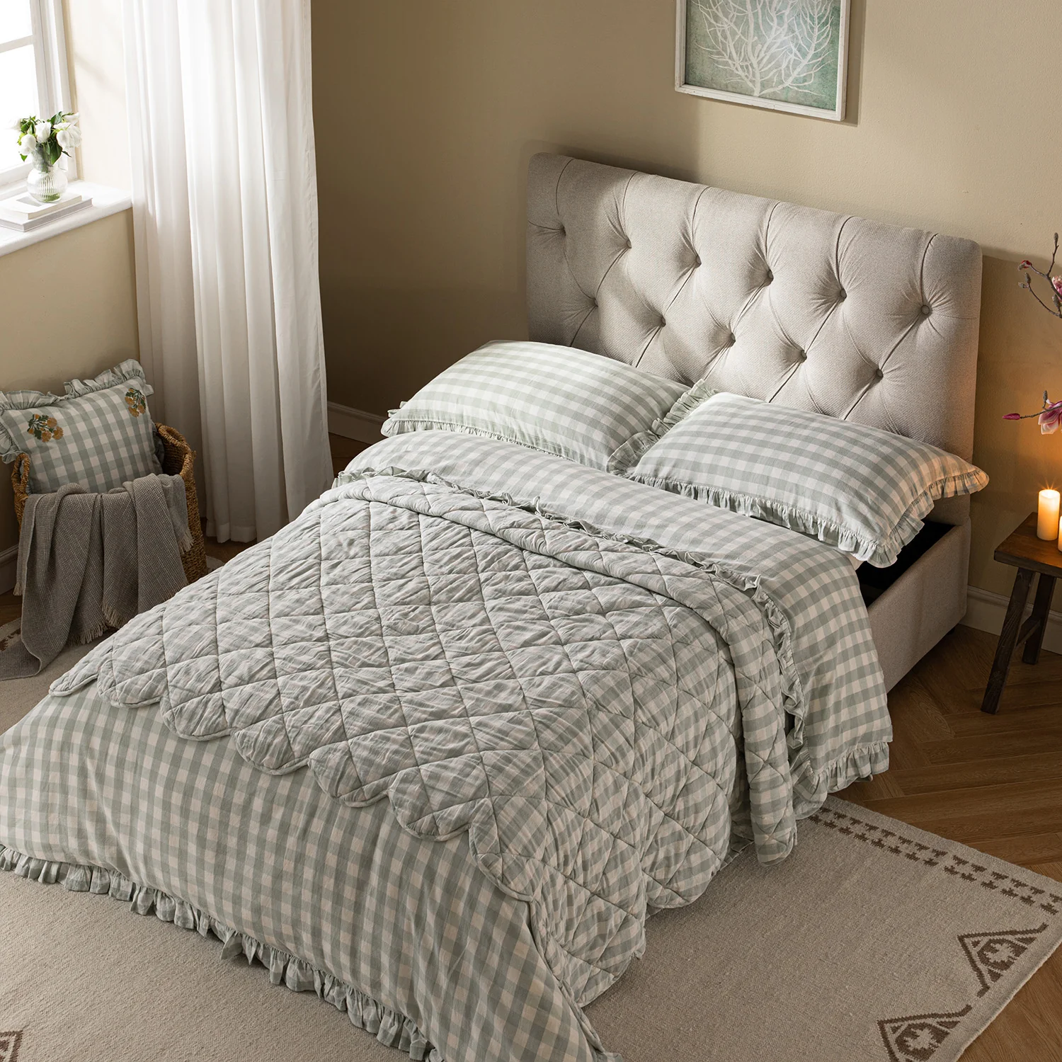 Portland Small Double Buttoned Fold-Out Bed in Ottoman, Beige Woven Fabric - Image 6
